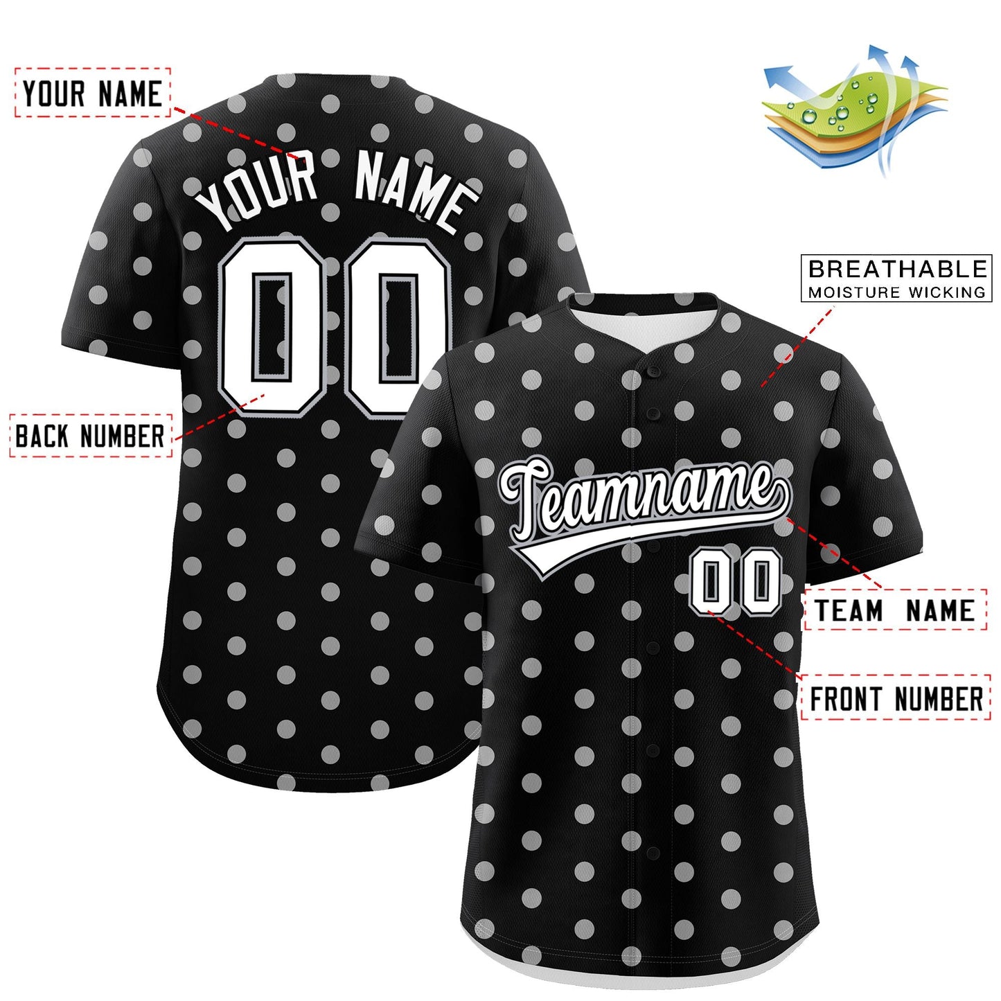 Custom Black White Personalized Polka Dot Graffiti Pattern Authentic Baseball Jersey