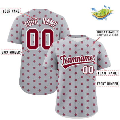 Custom Gray Crimson Personalized Polka Dot Graffiti Pattern Authentic Baseball Jersey