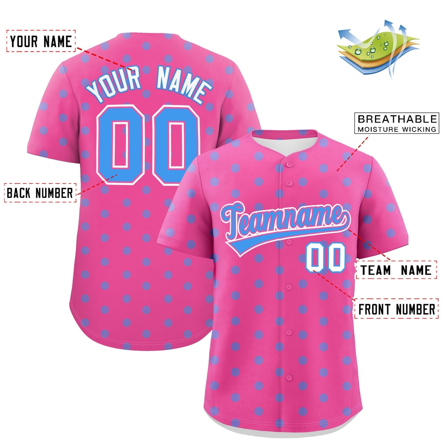 Custom Pink Powder Blue Personalized Polka Dot Graffiti Pattern Authentic Baseball Jersey