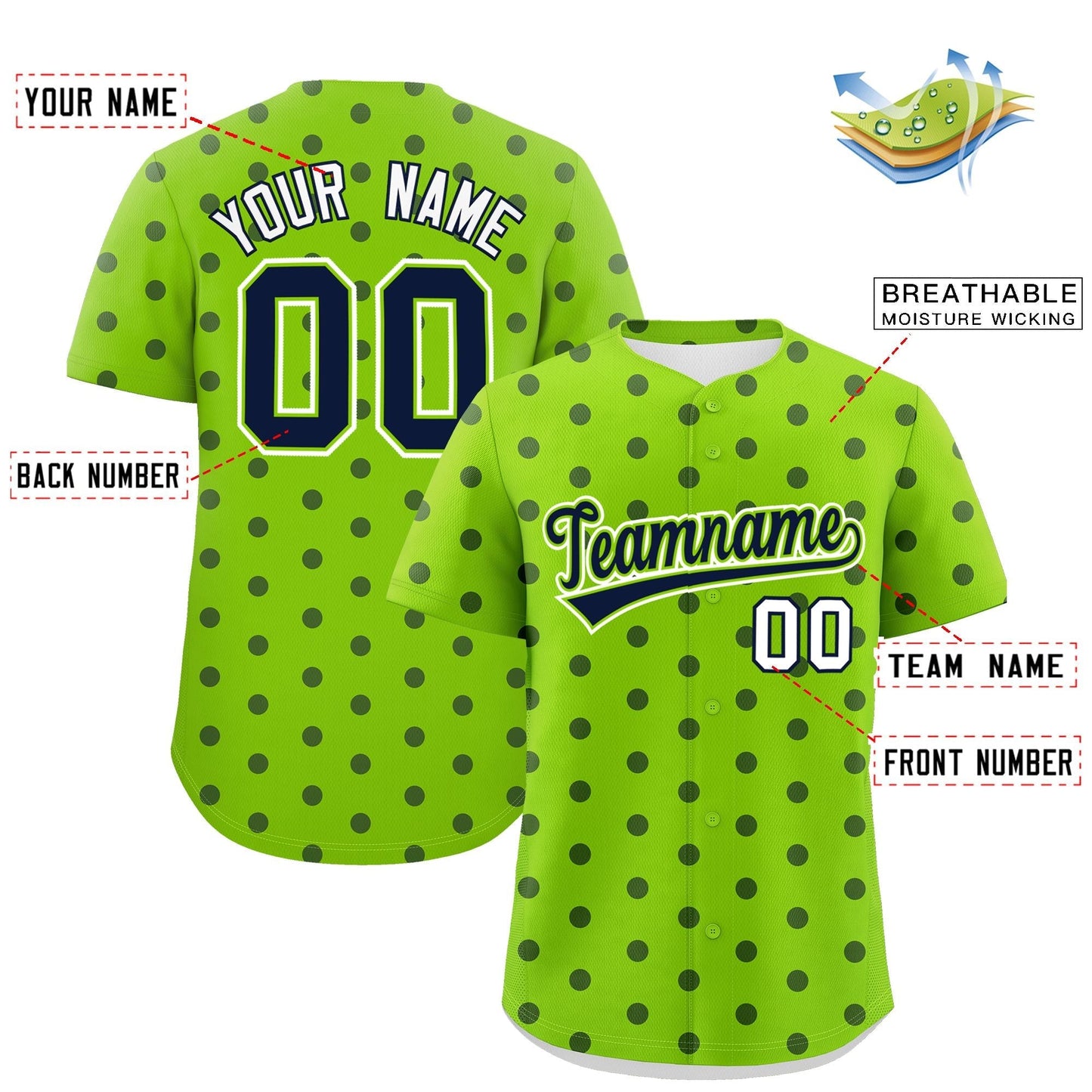 Custom Neon Green Navy Personalized Polka Dot Graffiti Pattern Authentic Baseball Jersey