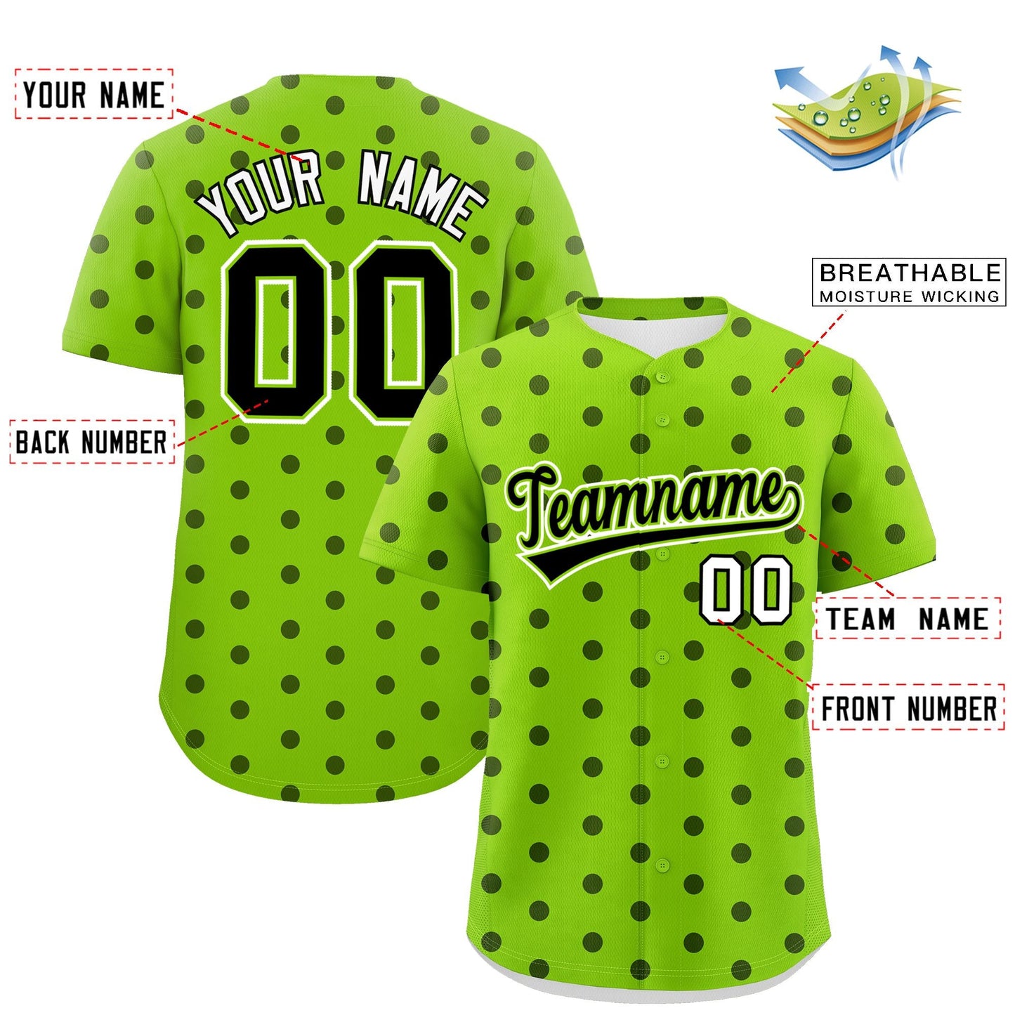 Custom Neon Green Black Personalized Polka Dot Graffiti Pattern Authentic Baseball Jersey