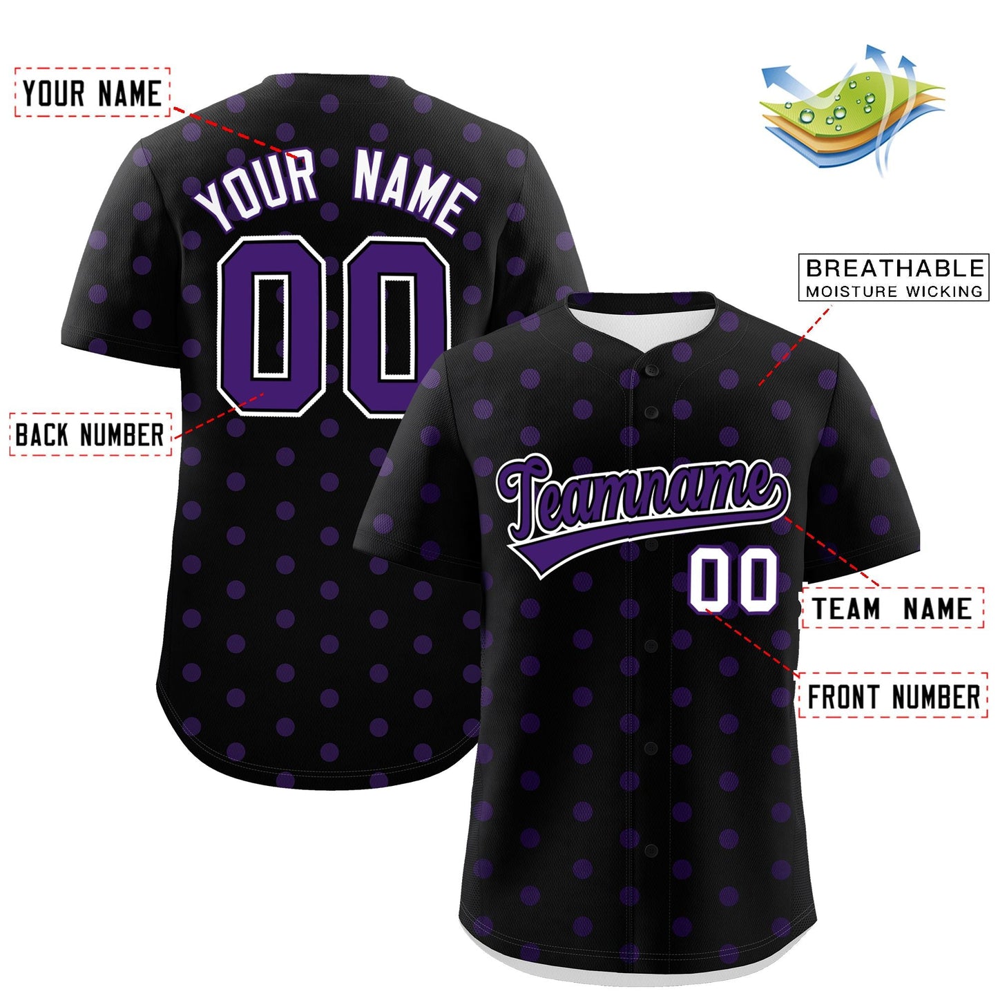 Custom Black Purple Personalized Polka Dot Graffiti Pattern Authentic Baseball Jersey