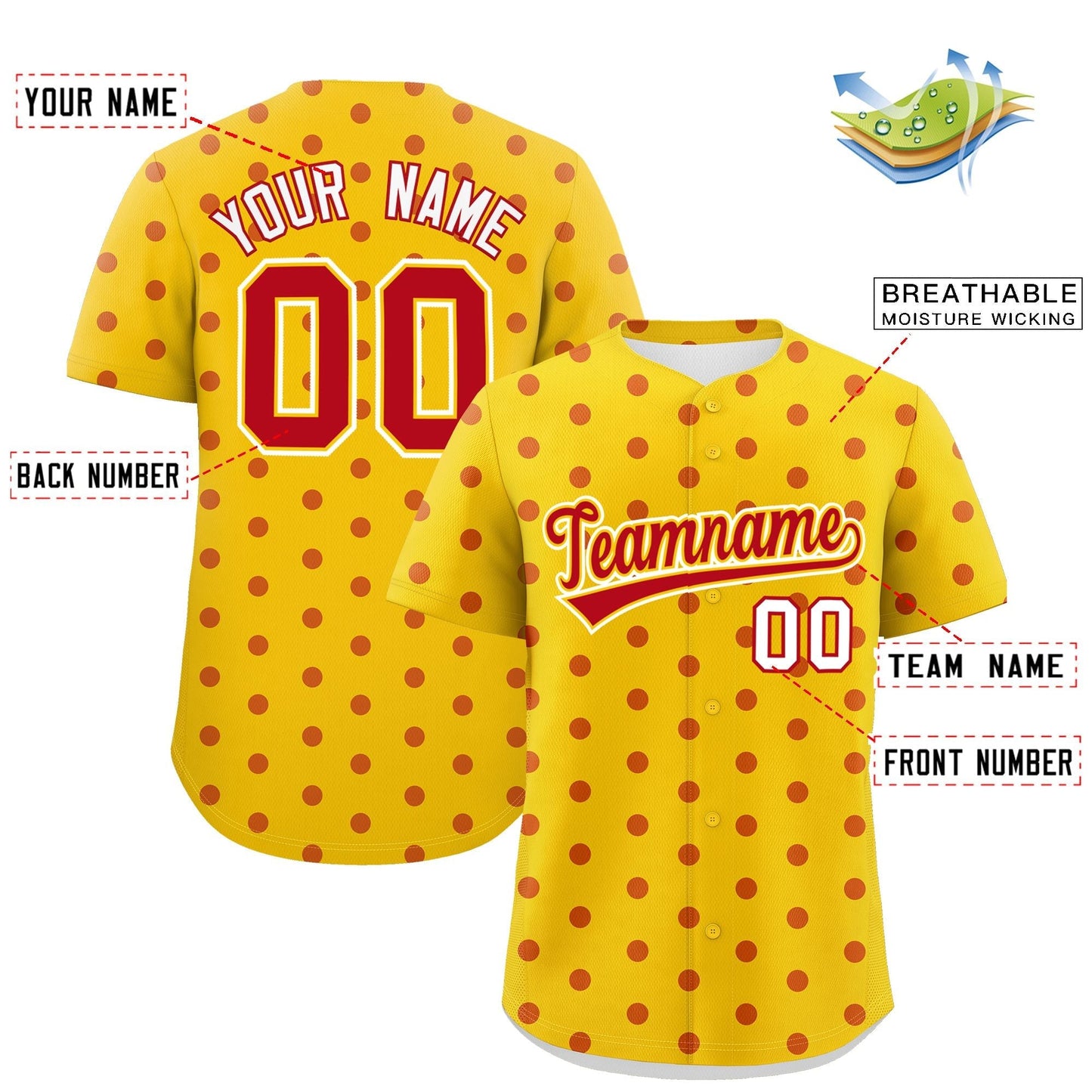 Custom Gold Red Personalized Polka Dot Graffiti Pattern Authentic Baseball Jersey