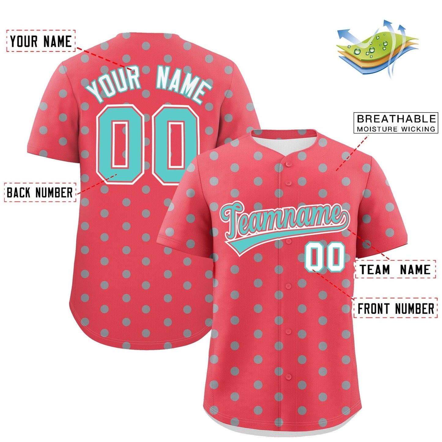 Custom Light Red Bright Green Personalized Polka Dot Graffiti Pattern Authentic Baseball Jersey