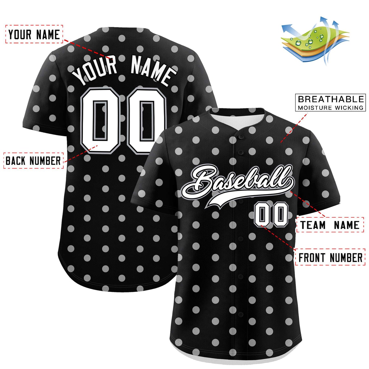 Custom Black White Personalized Polka Dot Graffiti Pattern Authentic Baseball Jersey