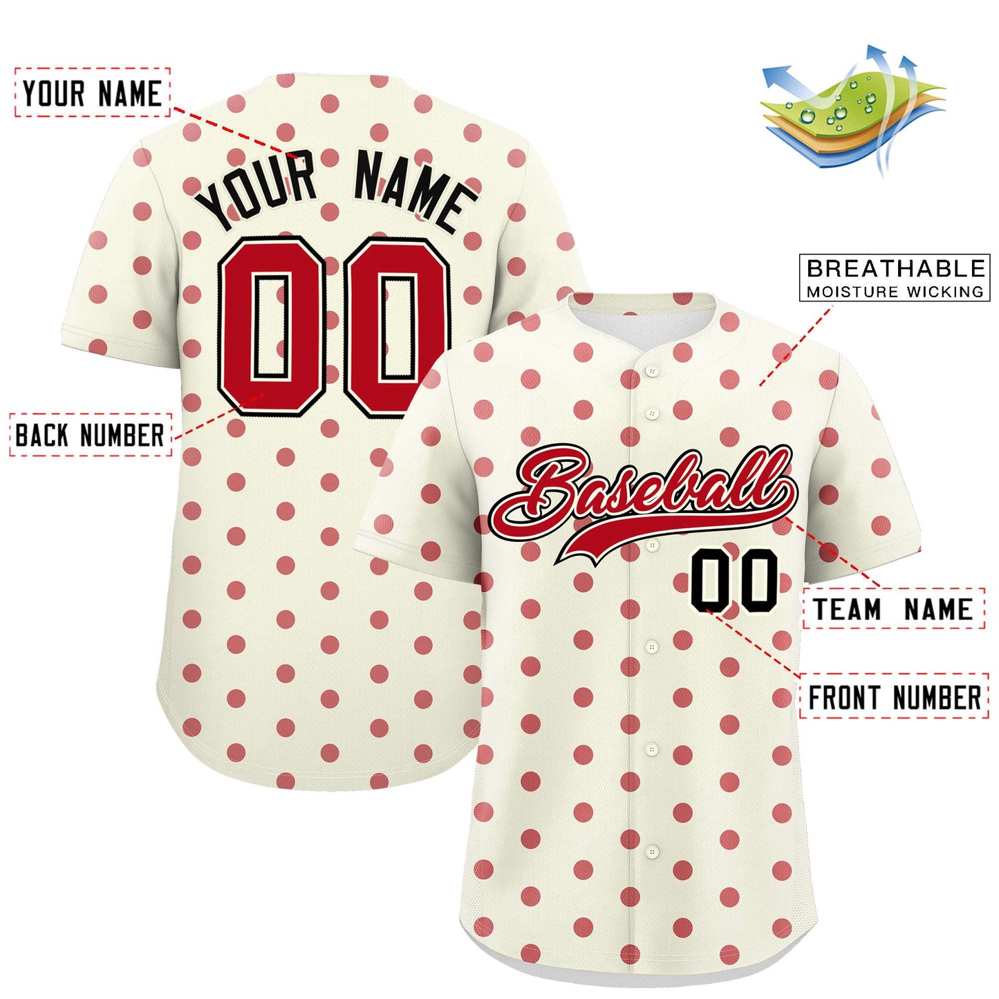 Custom Cream Red Personalized Polka Dot Graffiti Pattern Authentic Baseball Jersey