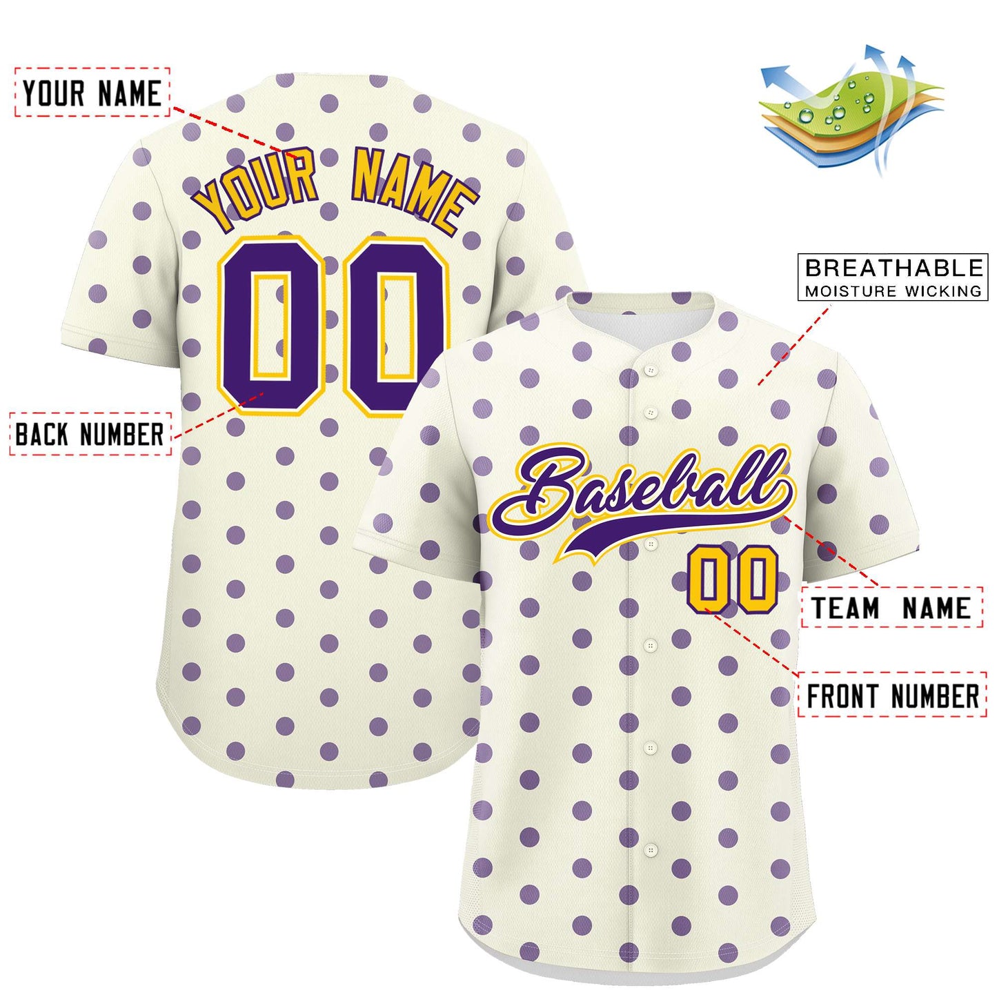 Custom Cream Purple Personalized Polka Dot Graffiti Pattern Authentic Baseball Jersey