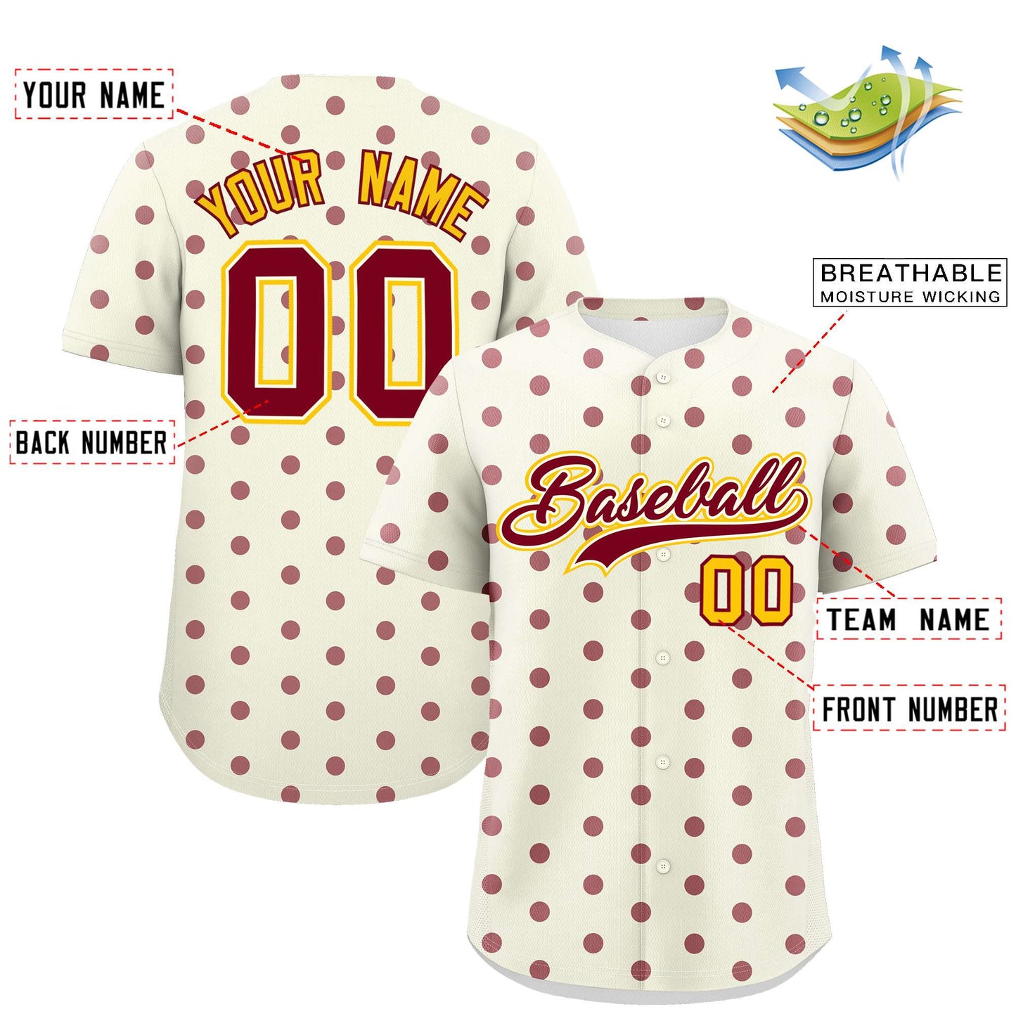 Custom Cream Crimson Personalized Polka Dot Graffiti Pattern Authentic Baseball Jersey