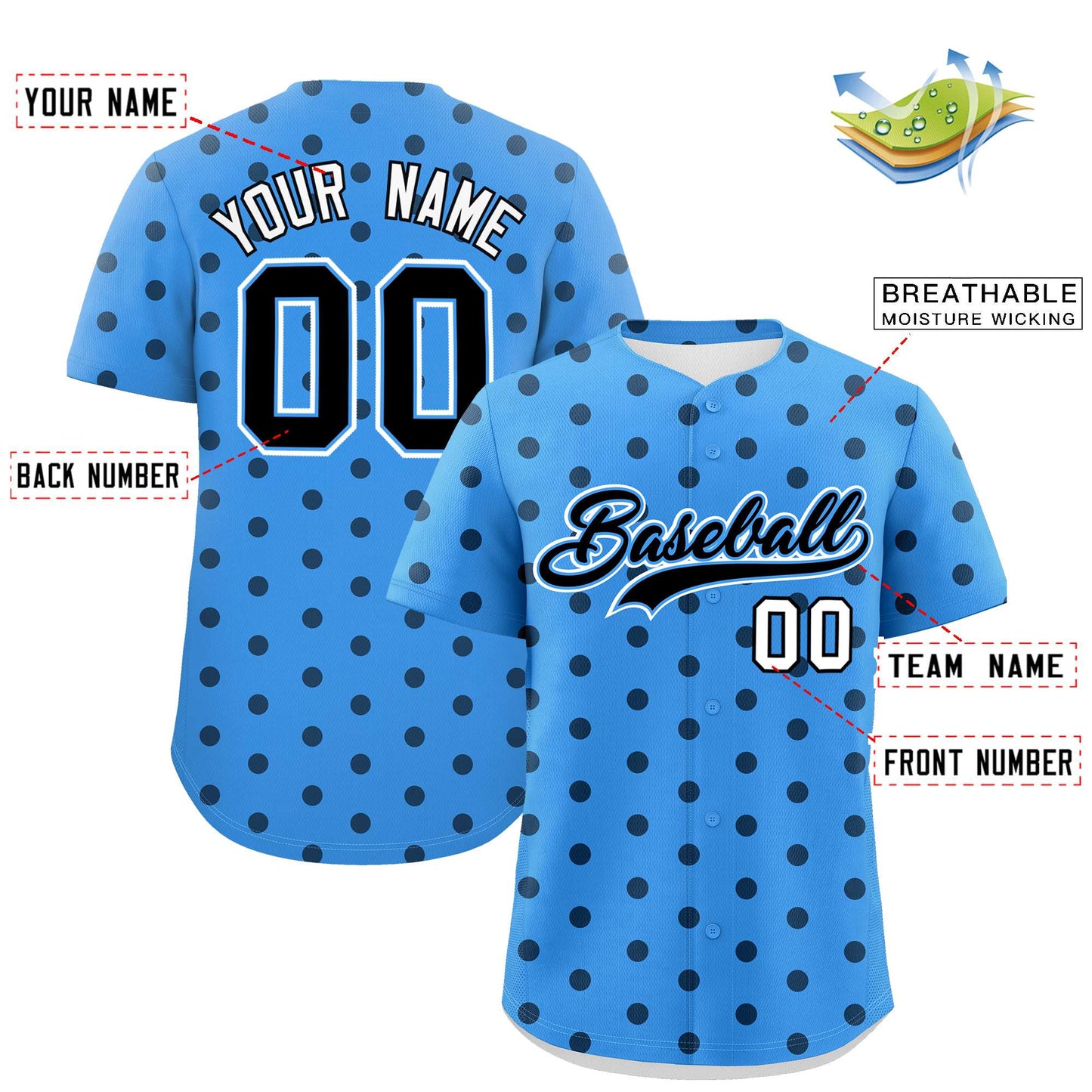 Custom Powder Blue Black Personalized Polka Dot Graffiti Pattern Authentic Baseball Jersey