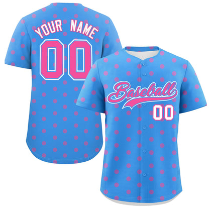 Custom Powder Blue Pink Personalized Polka Dot Graffiti Pattern Authentic Baseball Jersey