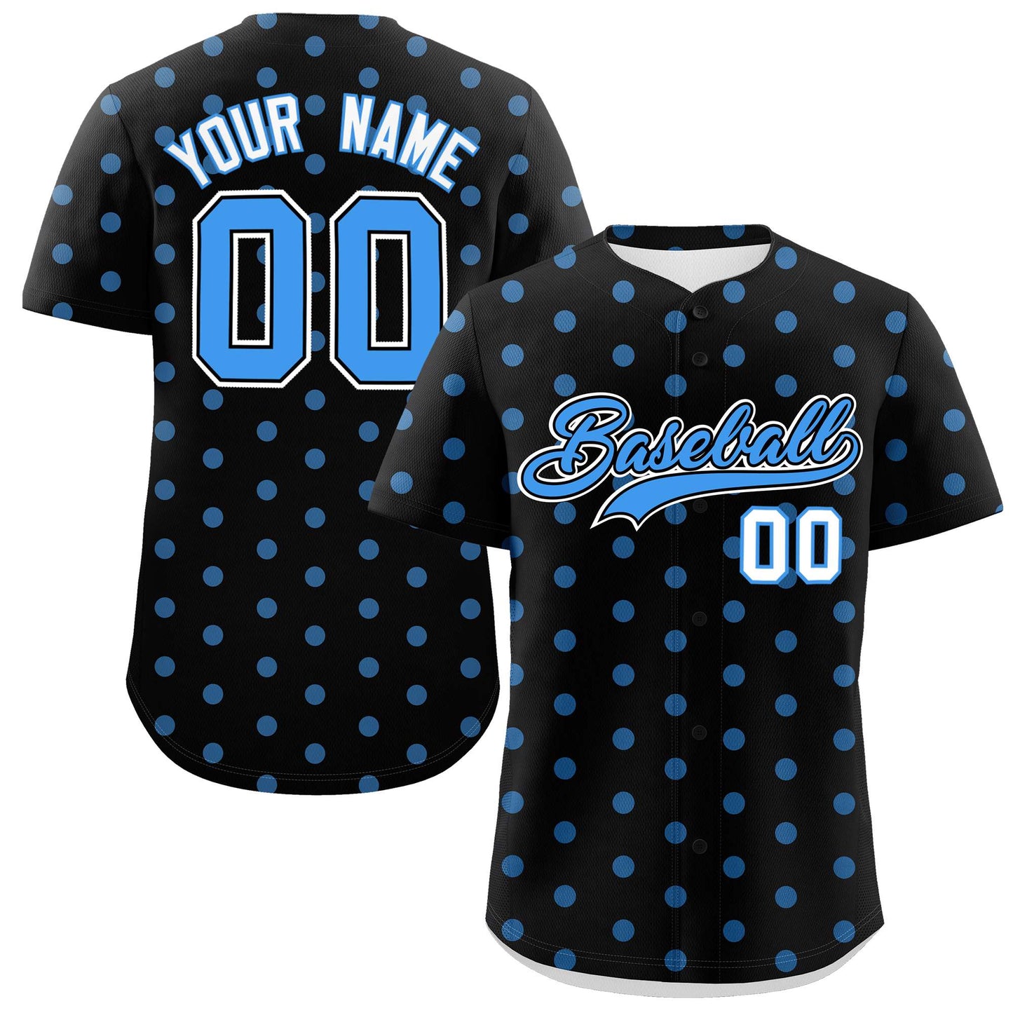 Custom Black Powder Blue Personalized Polka Dot Graffiti Pattern Authentic Baseball Jersey