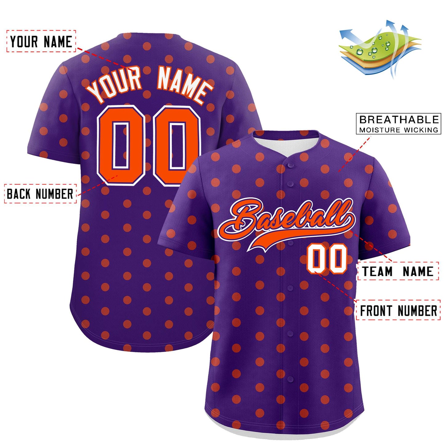 Custom Purple Orange Personalized Polka Dot Graffiti Pattern Authentic Baseball Jersey