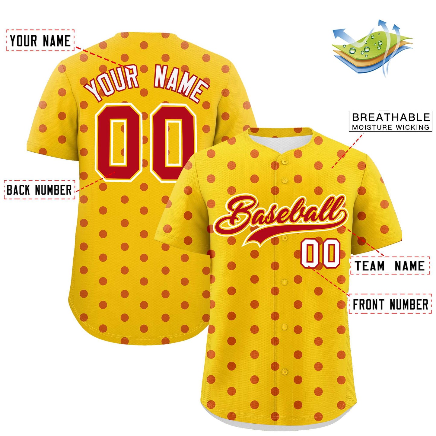 Custom Gold Red Personalized Polka Dot Graffiti Pattern Authentic Baseball Jersey