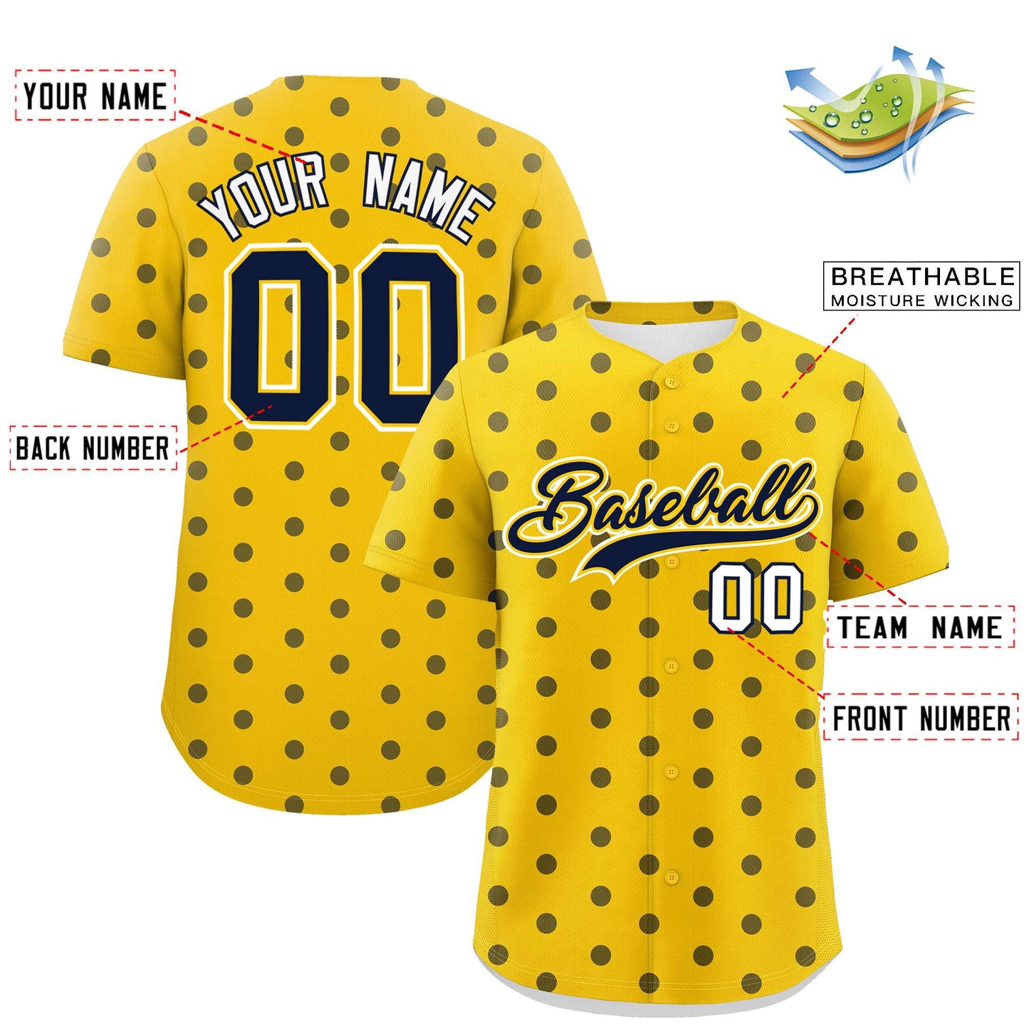 Custom Gold Navy Personalized Polka Dot Graffiti Pattern Authentic Baseball Jersey