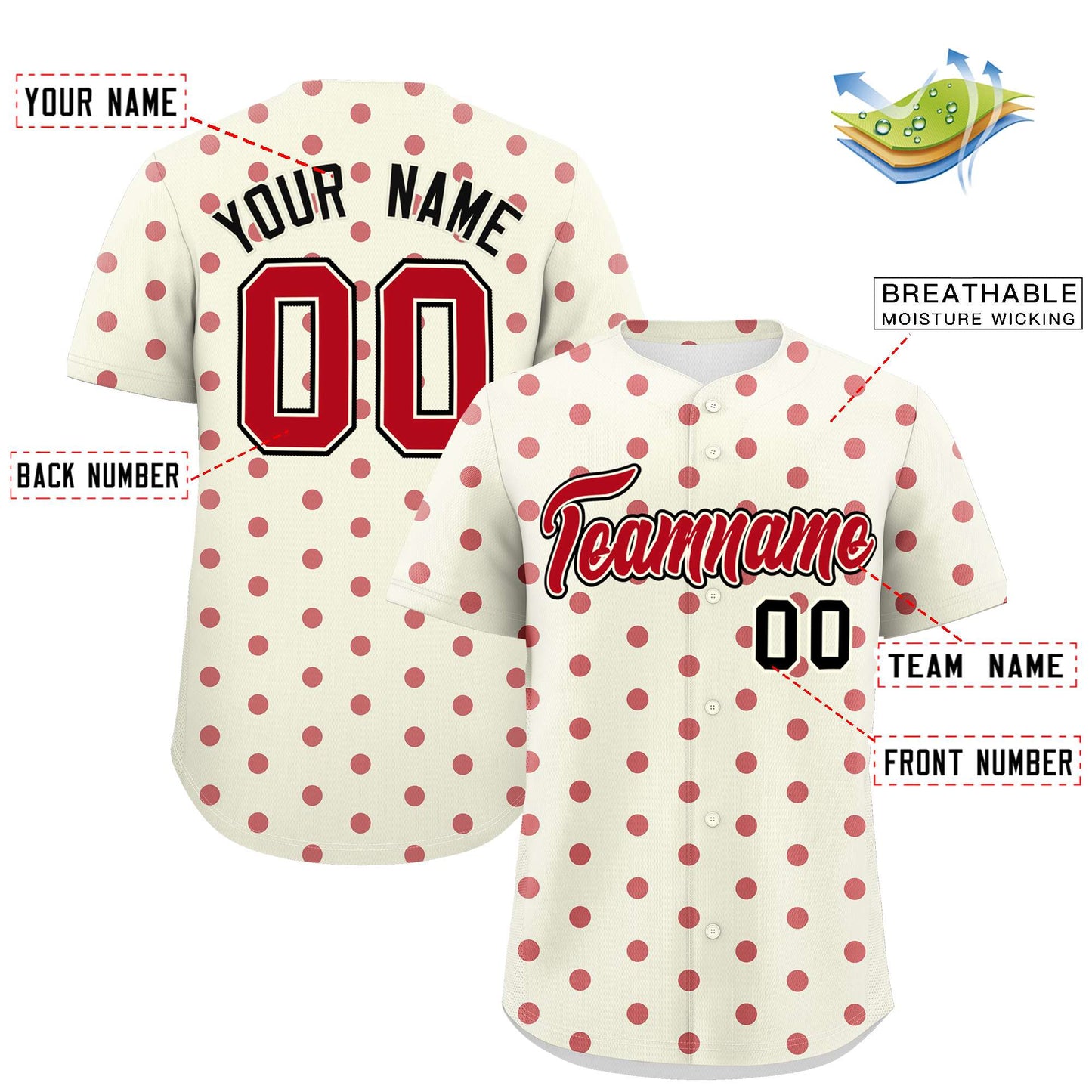 Custom Cream Red Personalized Polka Dot Graffiti Pattern Authentic Baseball Jersey