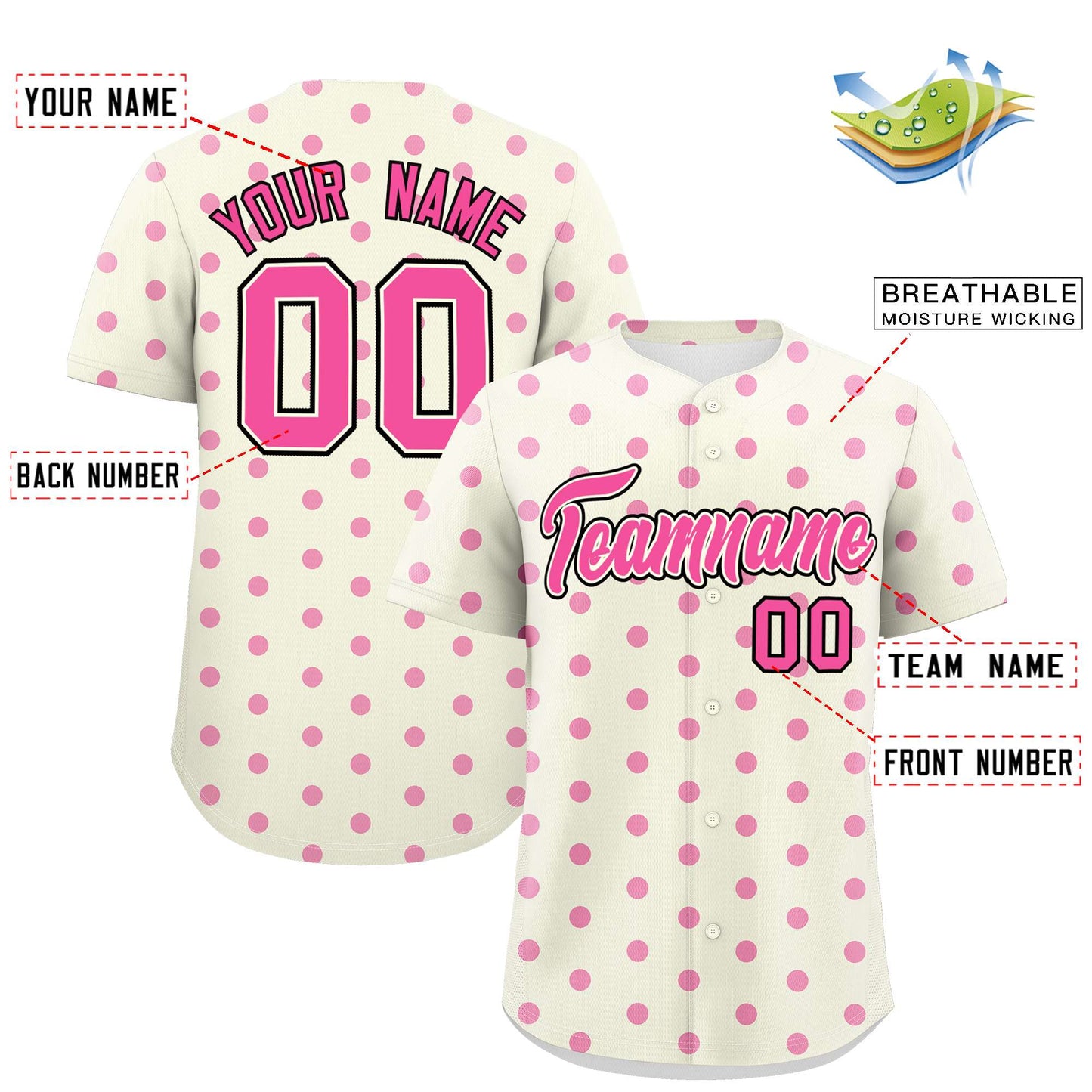 Custom Cream Pink Personalized Polka Dot Graffiti Pattern Authentic Baseball Jersey