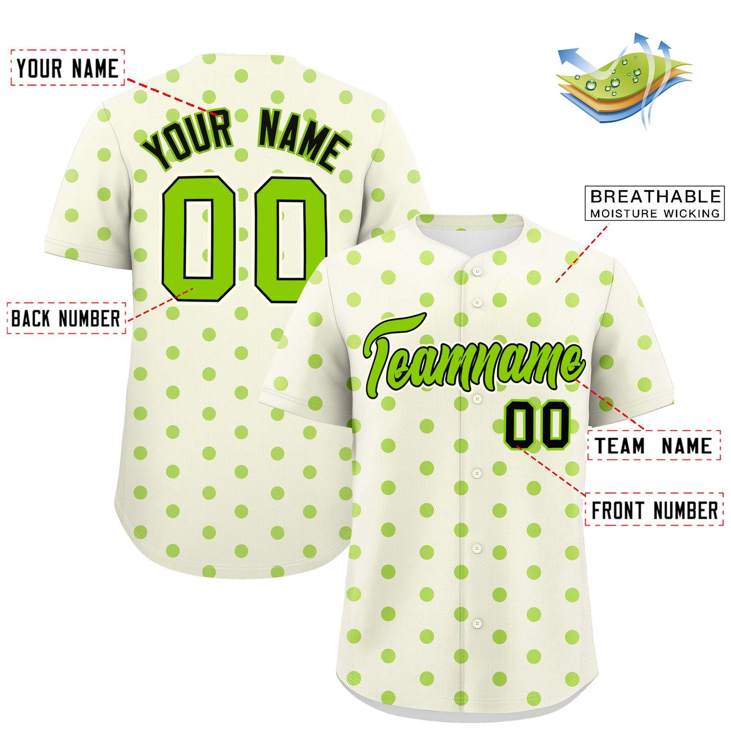 Custom Cream Neon Green Personalized Polka Dot Graffiti Pattern Authentic Baseball Jersey