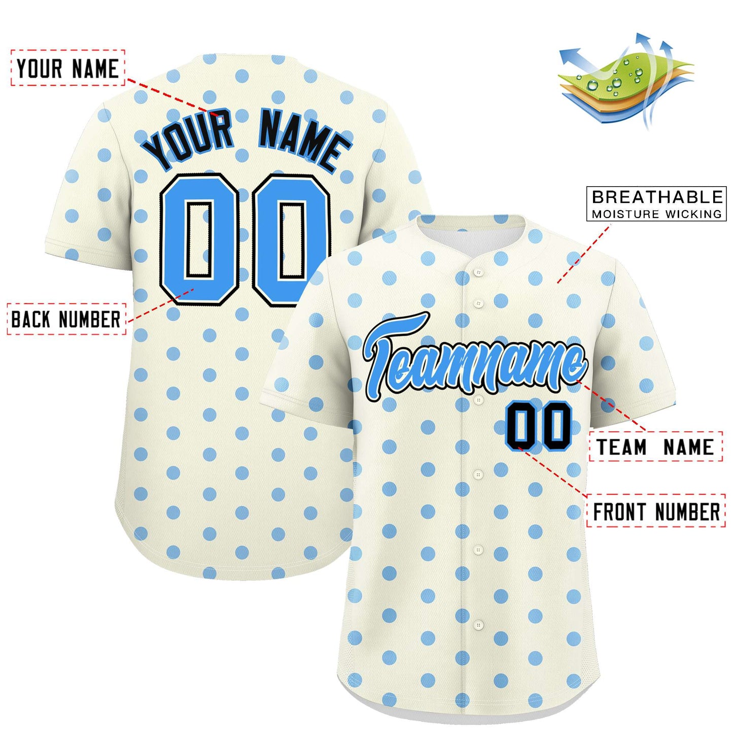 Custom Cream Powder Blue Personalized Polka Dot Graffiti Pattern Authentic Baseball Jersey