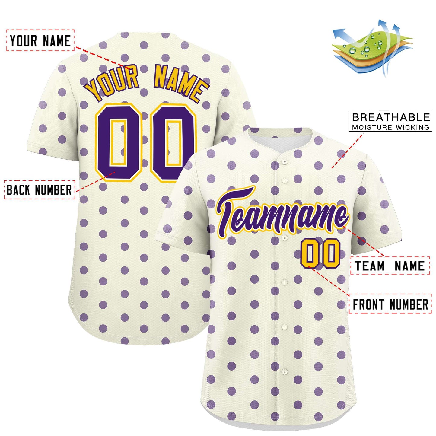 Custom Cream Purple Personalized Polka Dot Graffiti Pattern Authentic Baseball Jersey