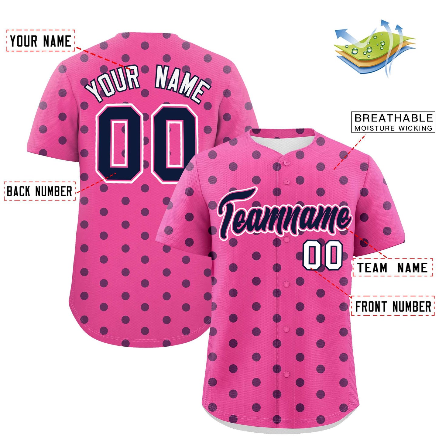 Custom Pink Navy Personalized Polka Dot Graffiti Pattern Authentic Baseball Jersey