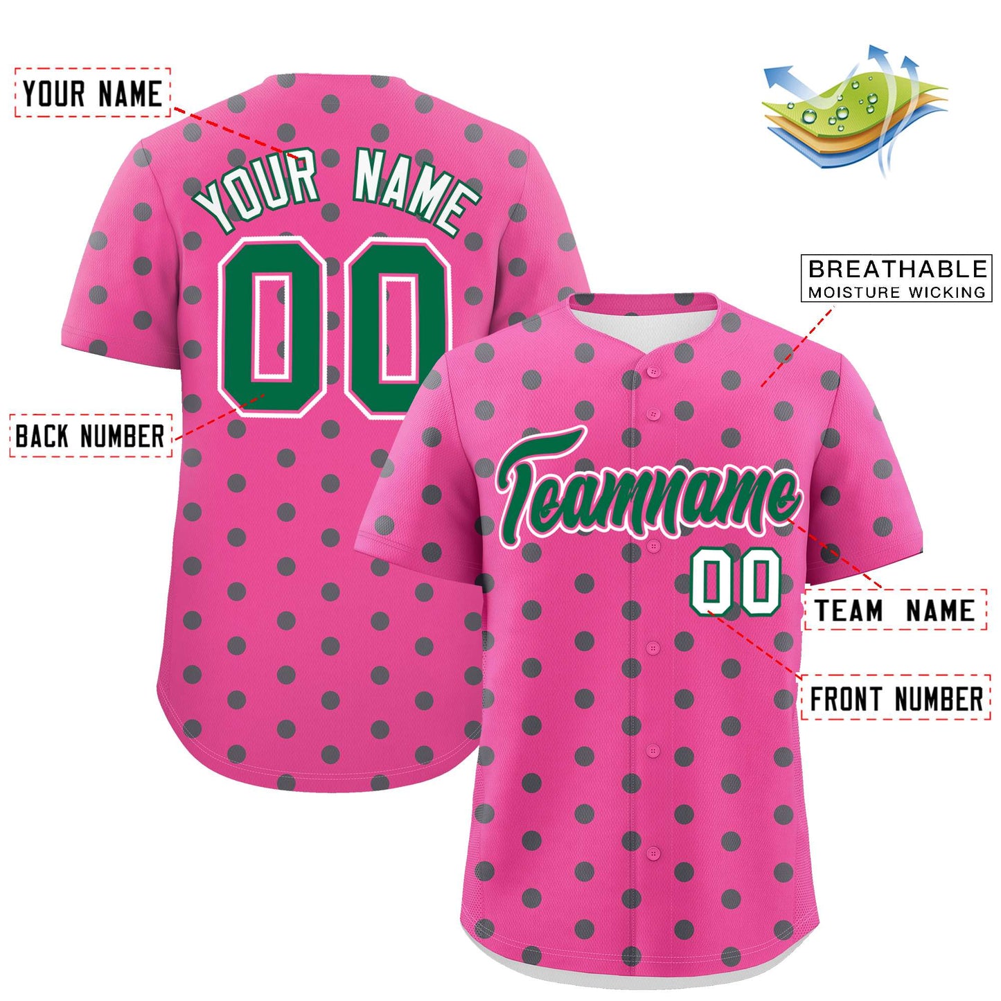 Custom Pink Kelly Green Personalized Polka Dot Graffiti Pattern Authentic Baseball Jersey