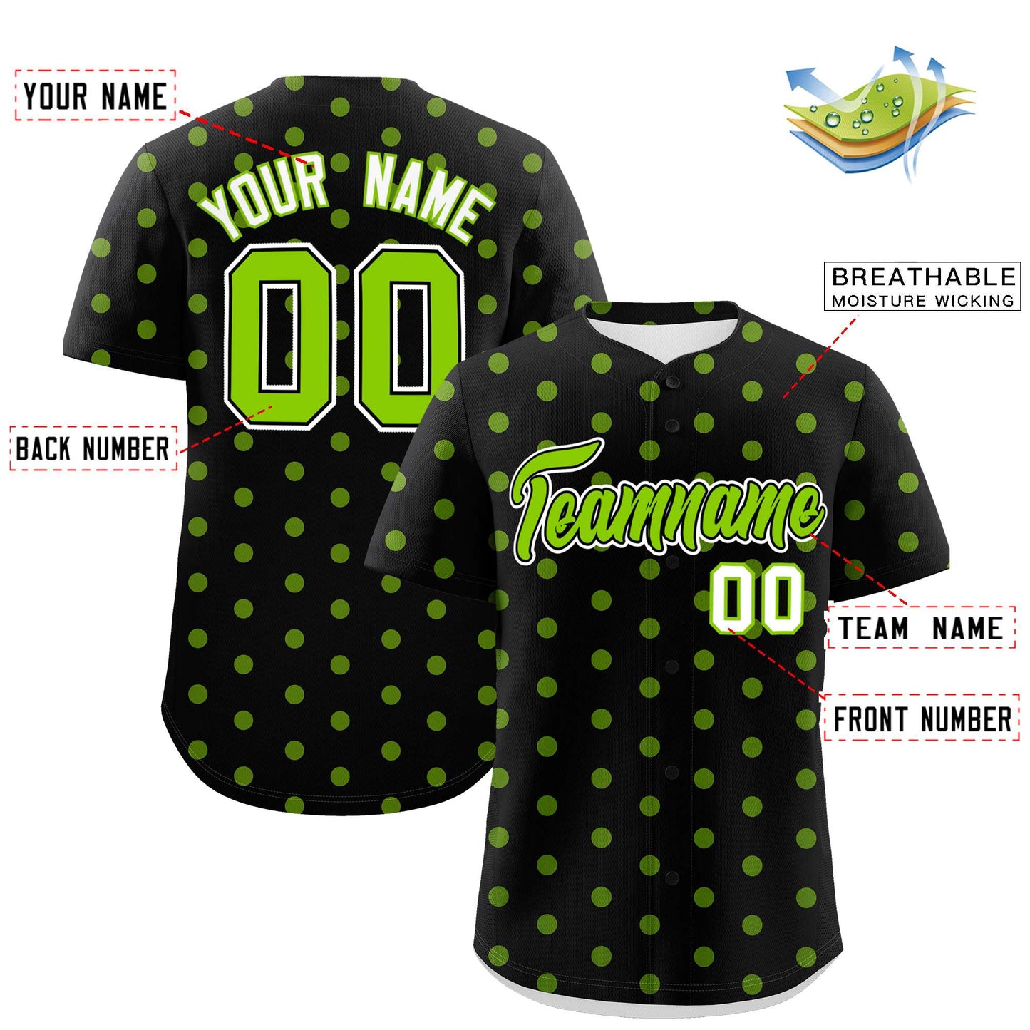 Custom Black Neon Green Personalized Polka Dot Graffiti Pattern Authentic Baseball Jersey