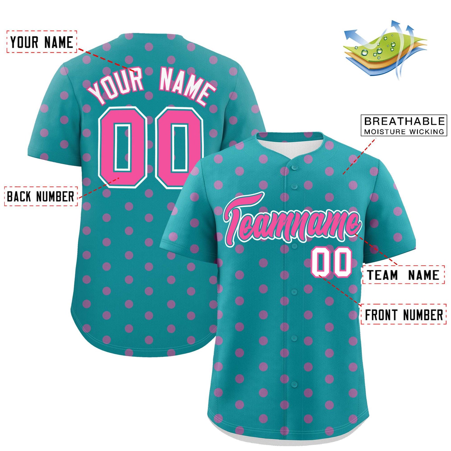 Custom Aqua Pink Personalized Polka Dot Graffiti Pattern Authentic Baseball Jersey