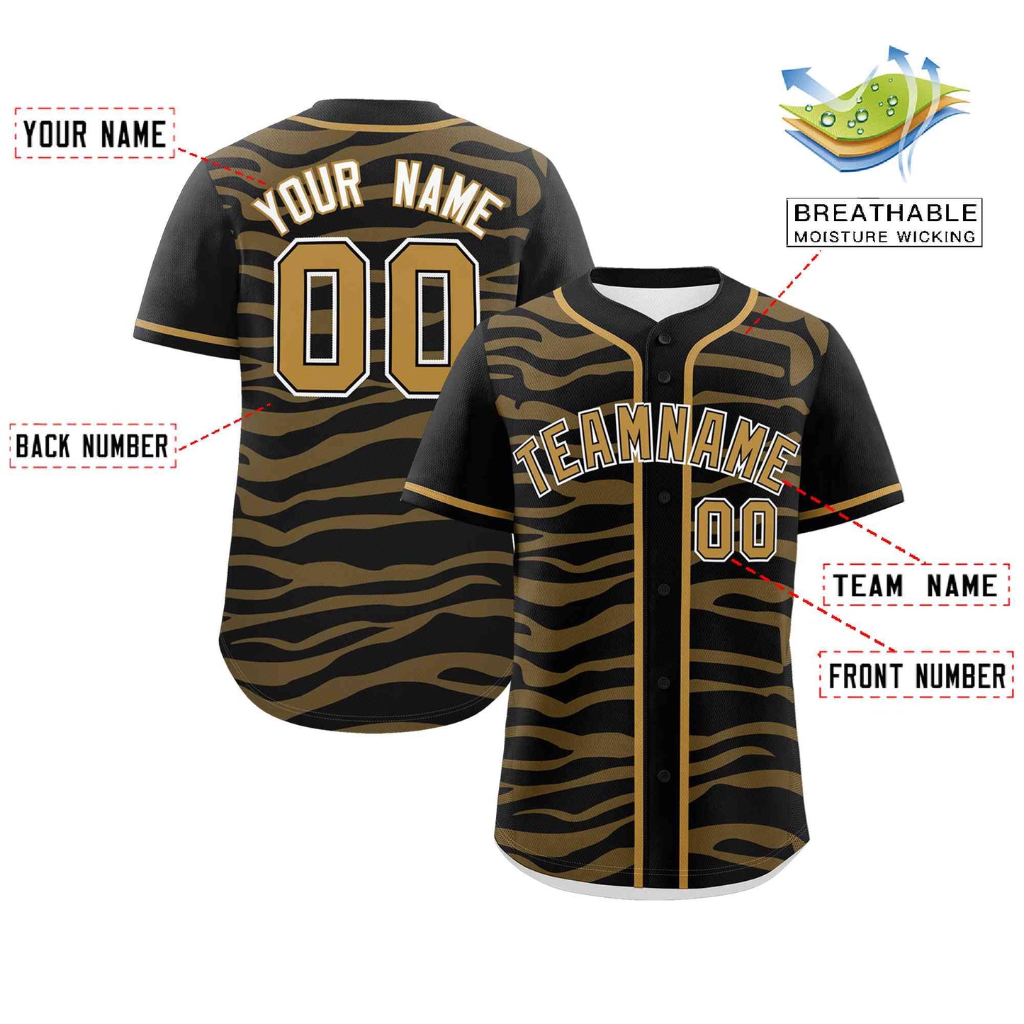 Custom Black Old Gold Zebra Stripes Graffiti Pattern Authentic Baseball Jersey