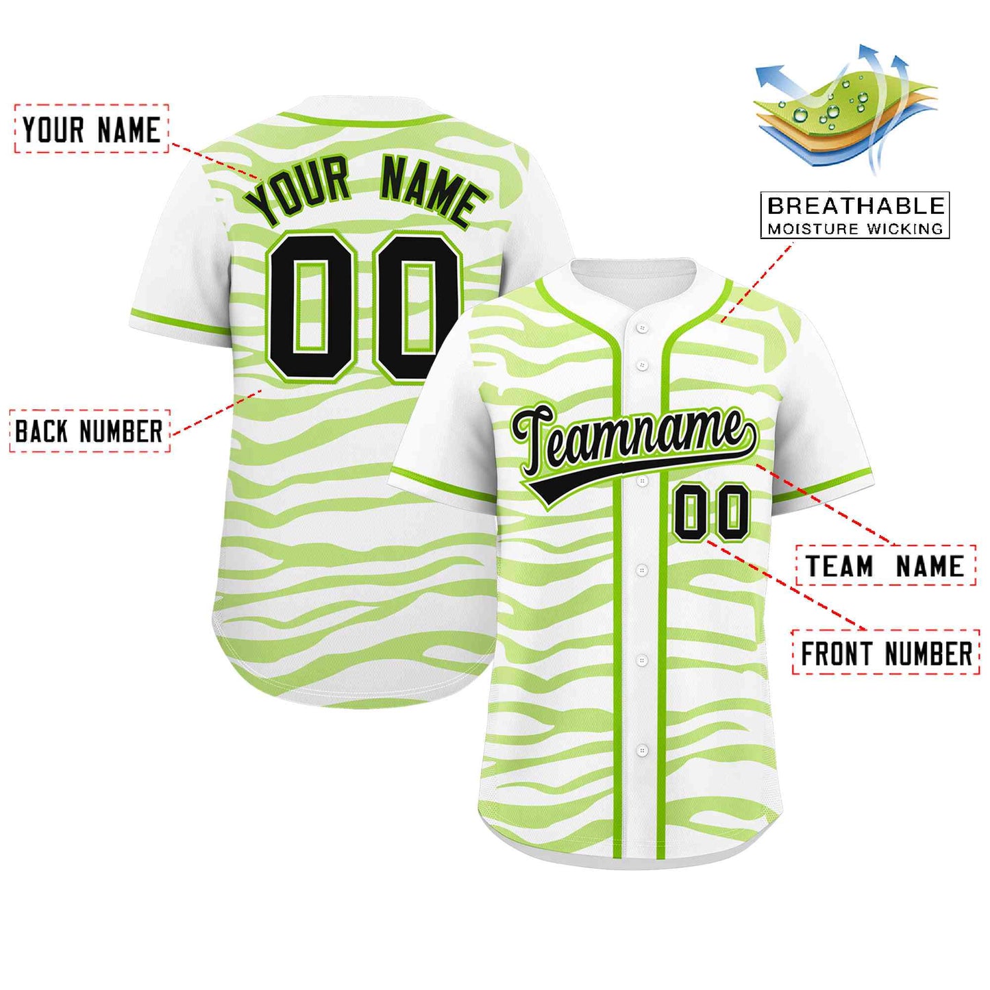 Custom White Neon Green Zebra Stripes Graffiti Pattern Authentic Baseball Jersey