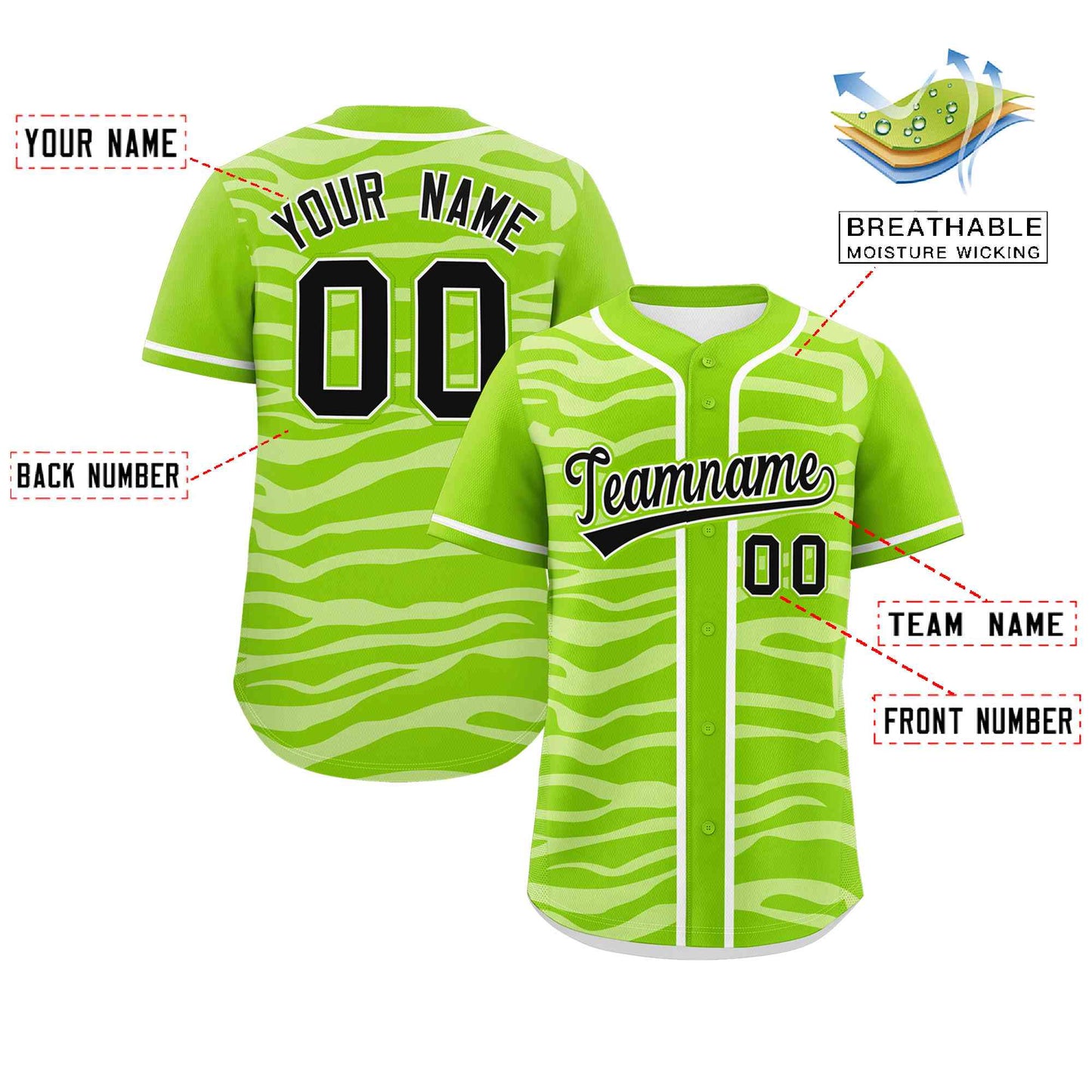 Custom Neon Green White Zebra Stripes Graffiti Pattern Authentic Baseball Jersey