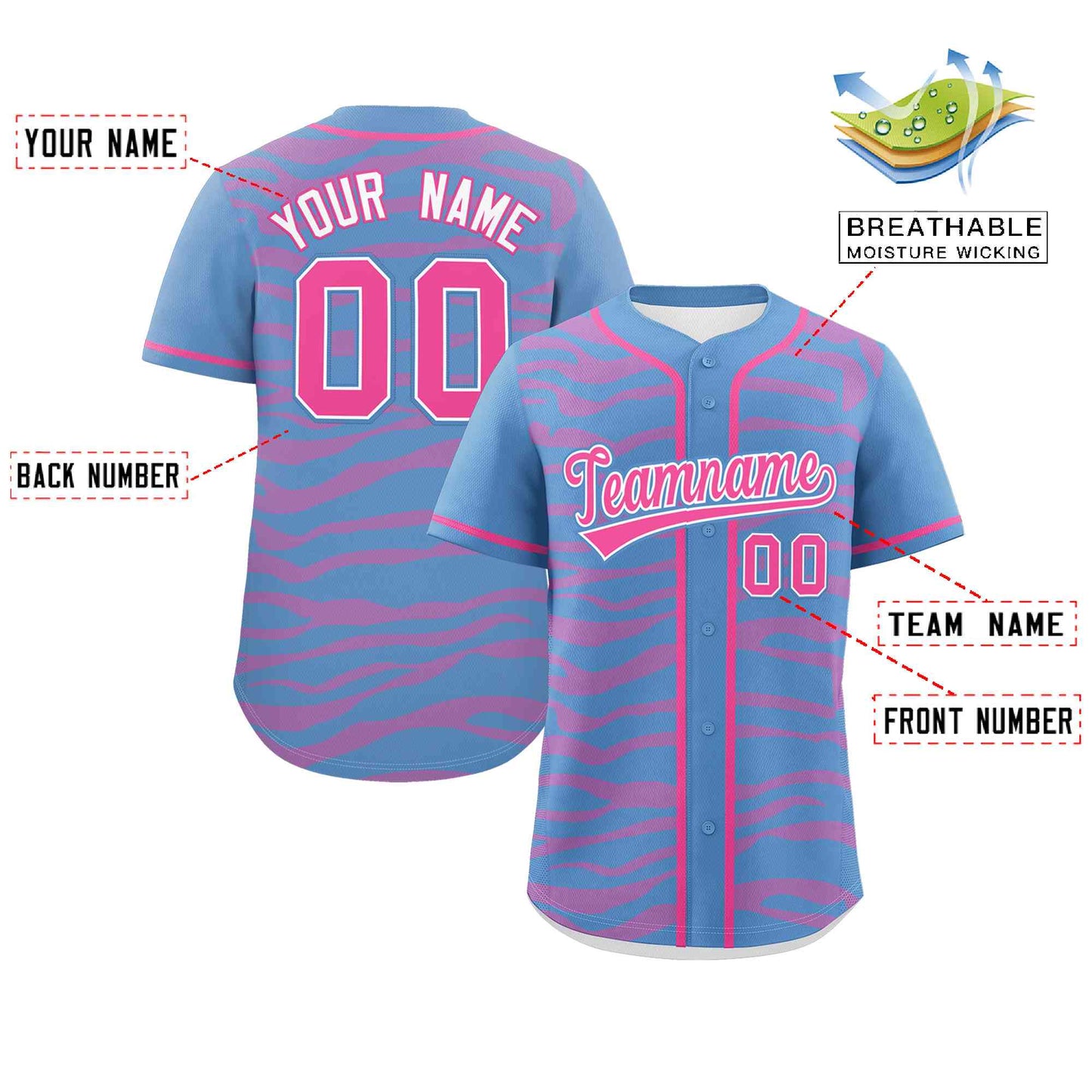 Custom Light Blue Pink Zebra Stripes Graffiti Pattern Authentic Baseball Jersey