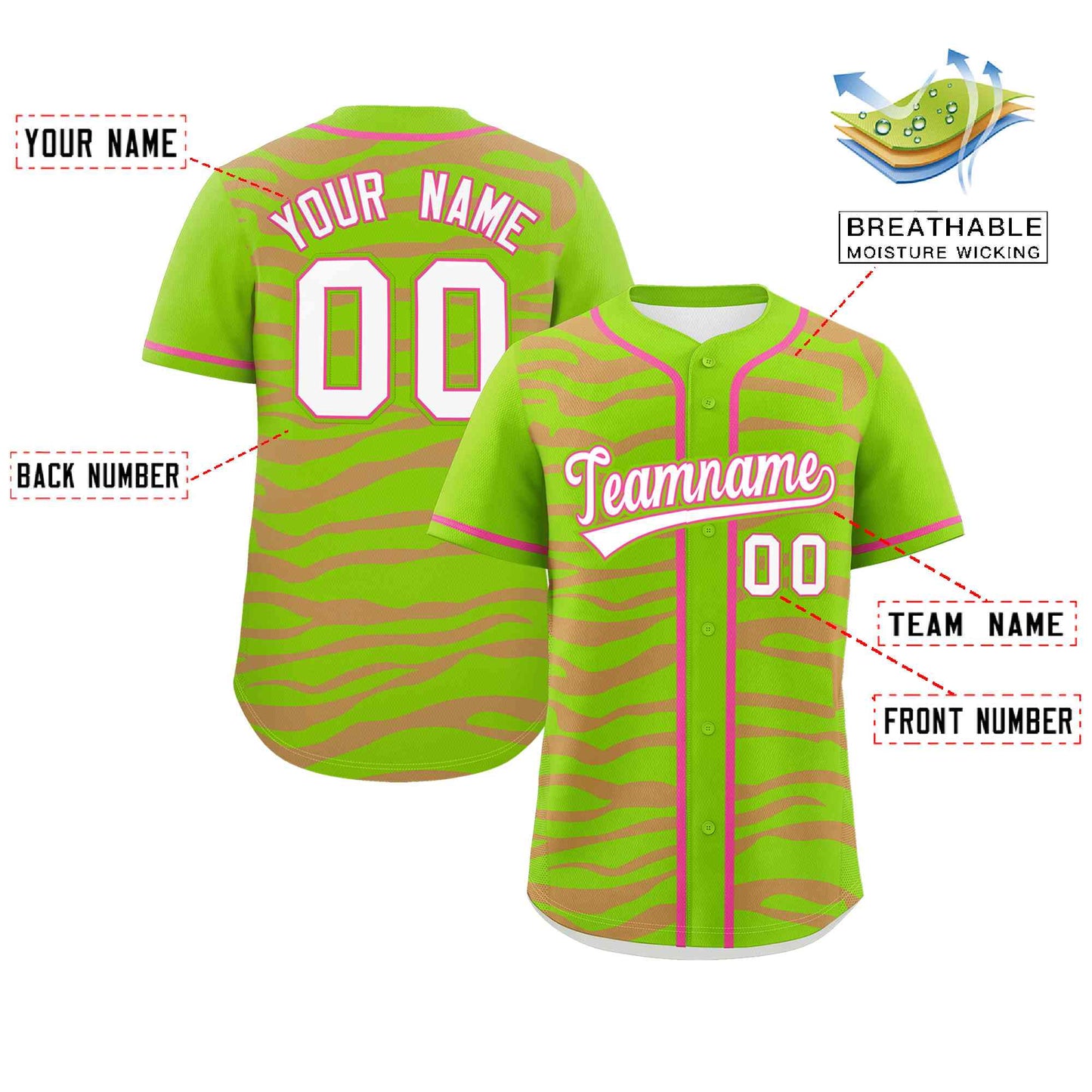 Custom Neon Green Pink Zebra Stripes Graffiti Pattern Authentic Baseball Jersey