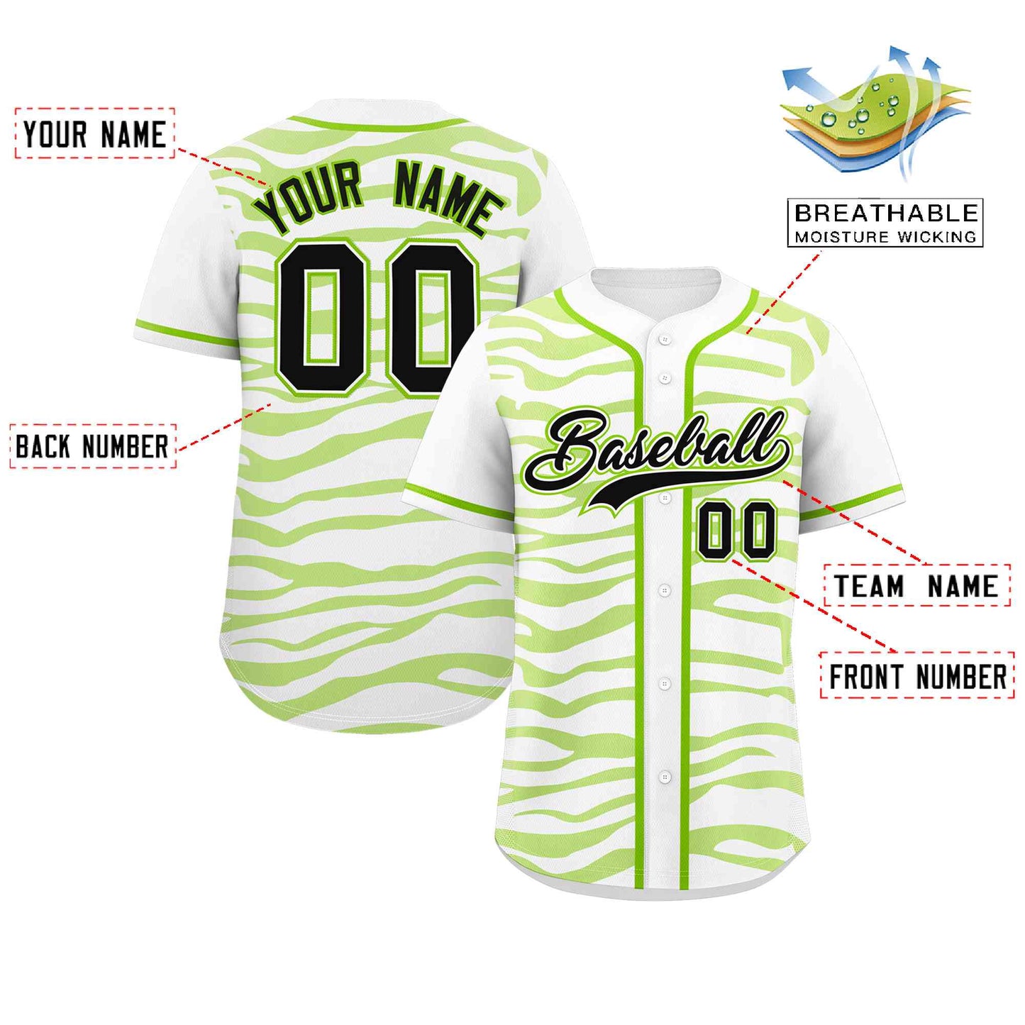 Custom White Neon Green Zebra Stripes Graffiti Pattern Authentic Baseball Jersey