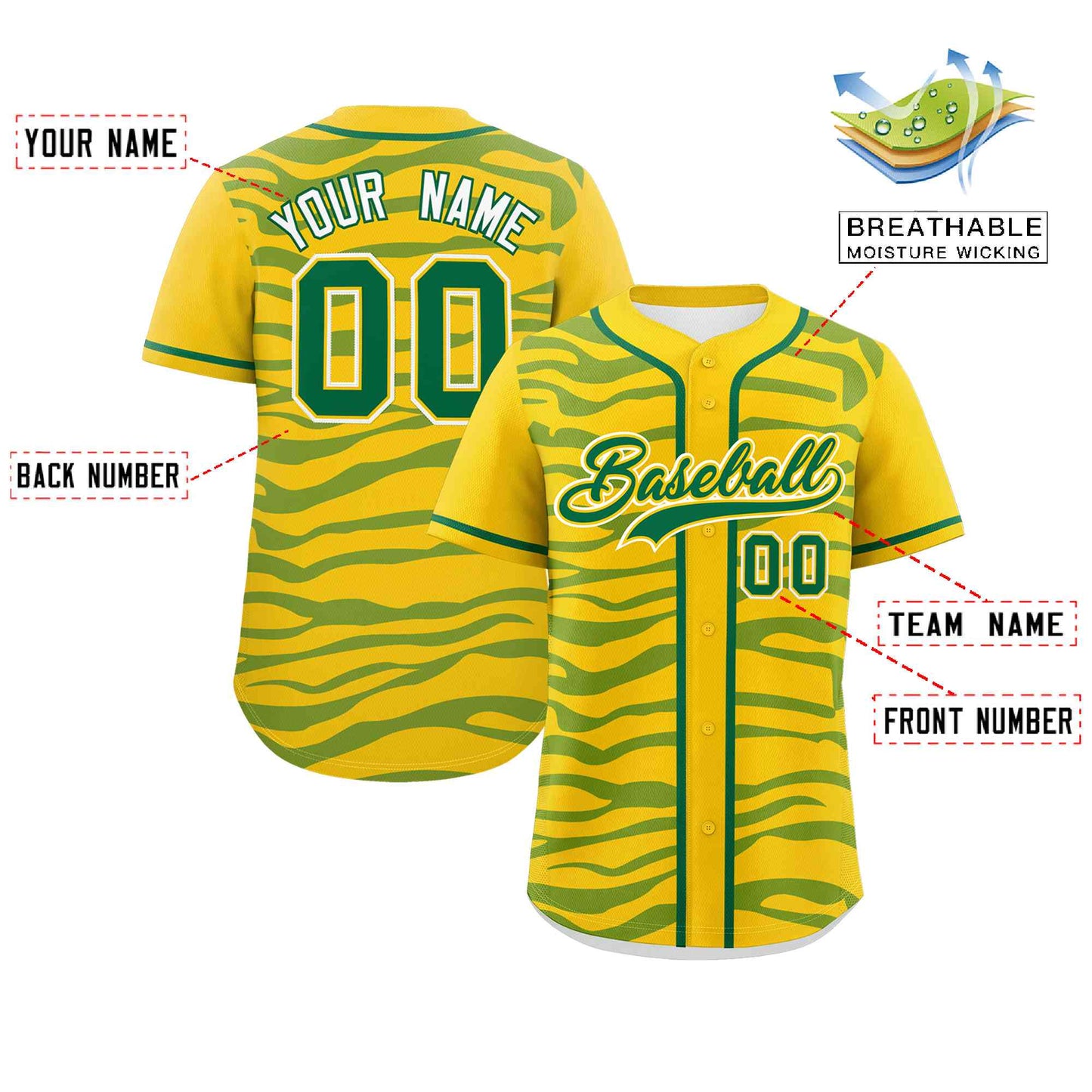 Custom Gold Kelly Green Zebra Stripes Graffiti Pattern Authentic Baseball Jersey