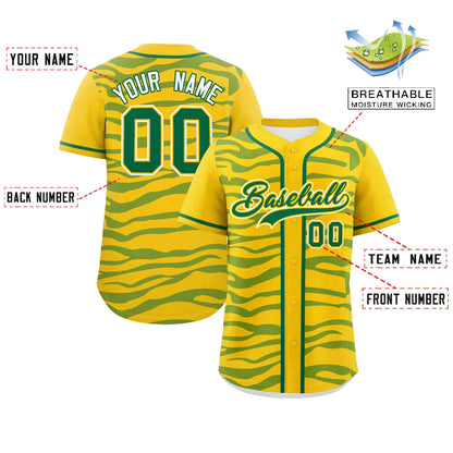 Custom Gold Kelly Green Zebra Stripes Graffiti Pattern Authentic Baseball Jersey