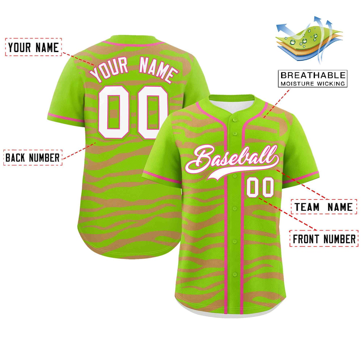 Custom Neon Green Pink Zebra Stripes Graffiti Pattern Authentic Baseball Jersey