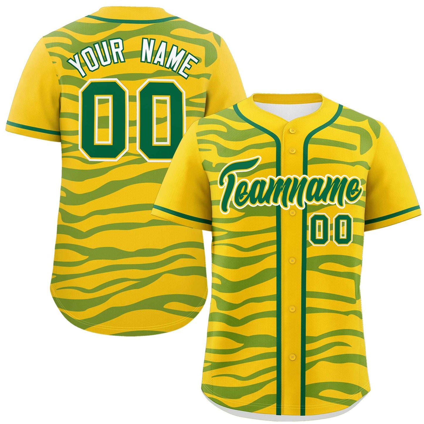 Custom Gold Kelly Green Zebra Stripes Graffiti Pattern Authentic Baseball Jersey