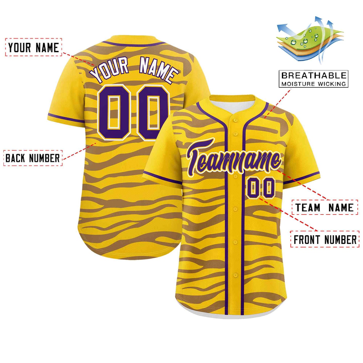 Custom Gold Purple Zebra Stripes Graffiti Pattern Authentic Baseball Jersey