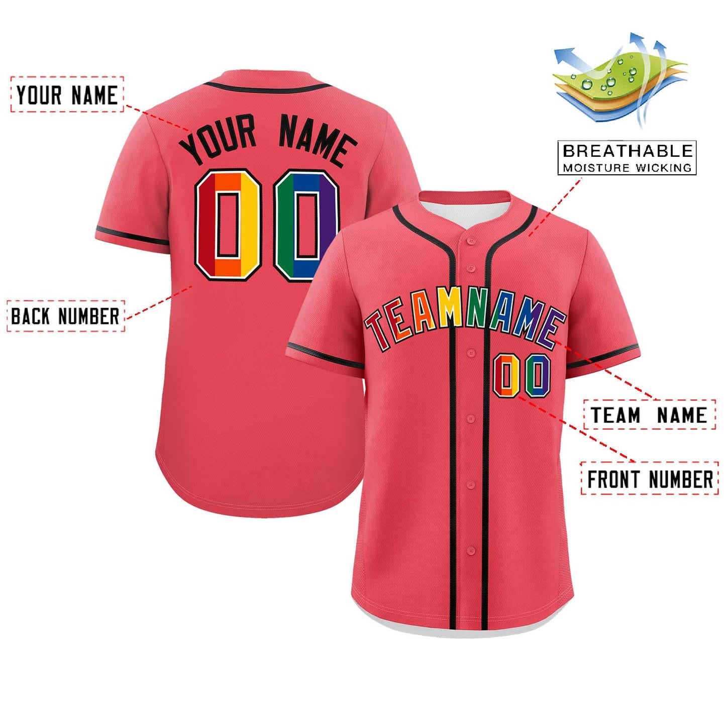 Custom Light Red LGBT Rainbow For Pride Month Classic Style Authentic Baseball Jersey