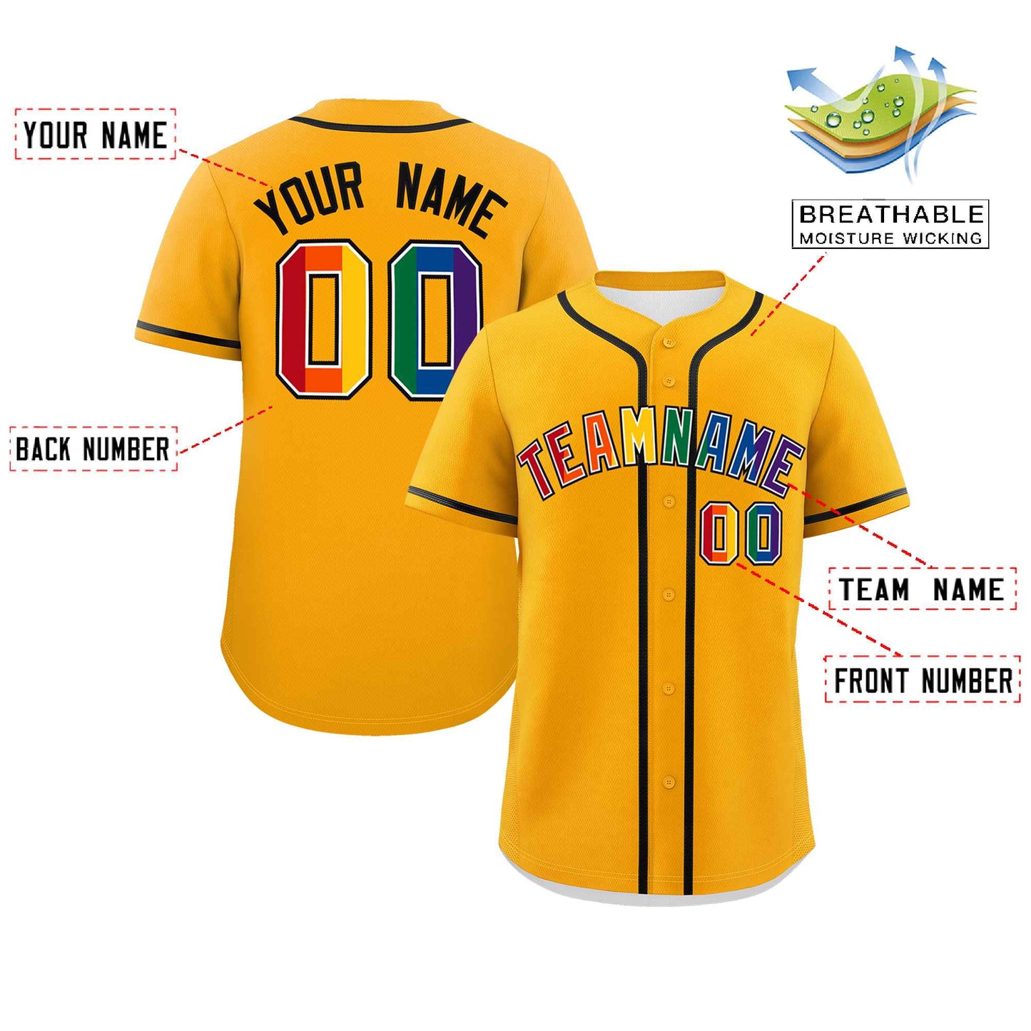 Custom Yellow LGBT Rainbow For Pride Month Classic Style Authentic Baseball Jersey