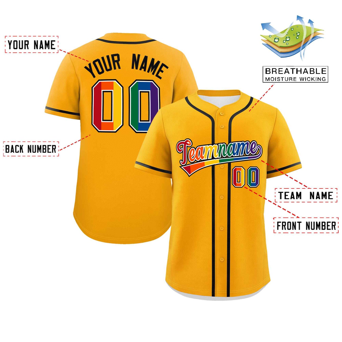 Custom Yellow LGBT Rainbow For Pride Month Classic Style Authentic Baseball Jersey