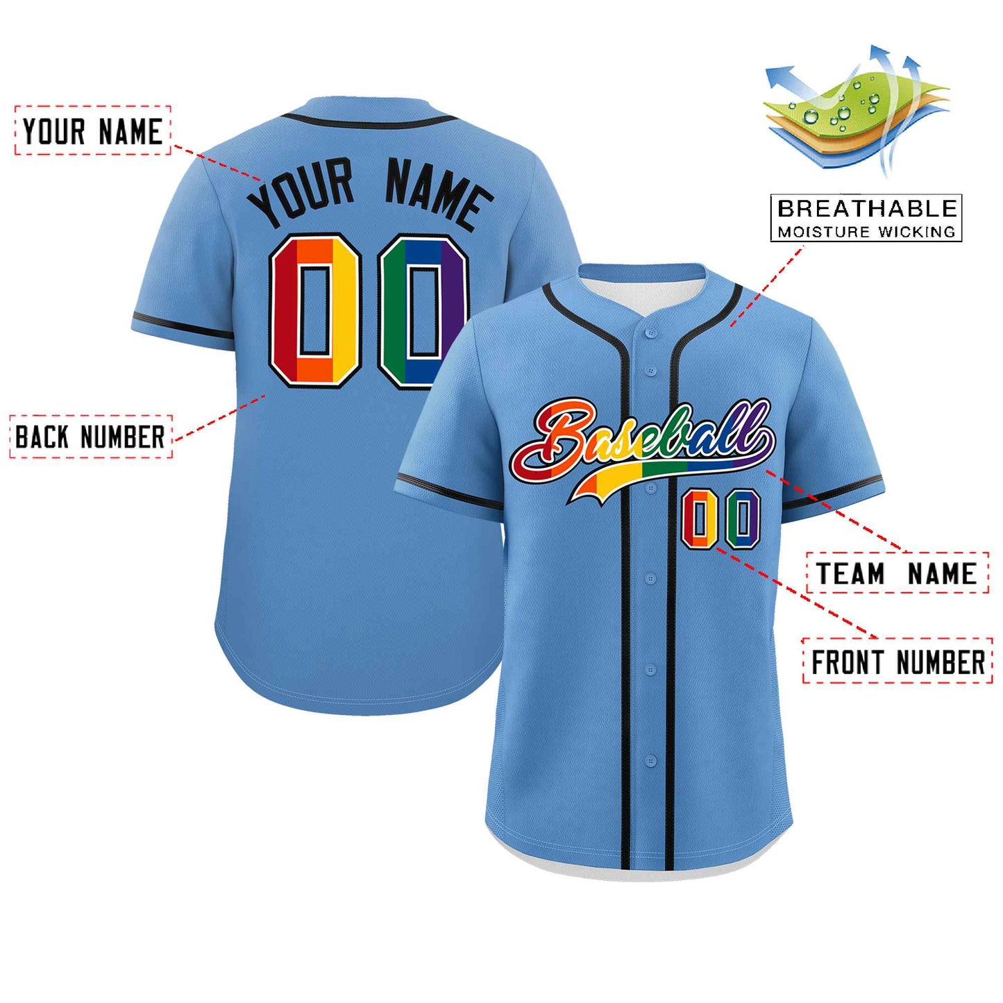 Custom Light Blue LGBT Rainbow For Pride Month Classic Style Authentic Baseball Jersey