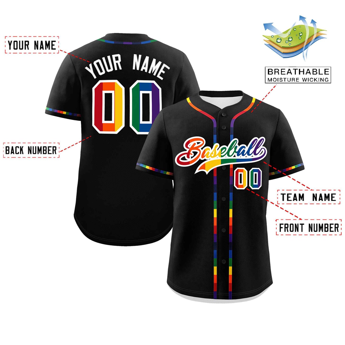 Custom Black LGBT Rainbow For Pride Month Classic Style Authentic Baseball Jersey