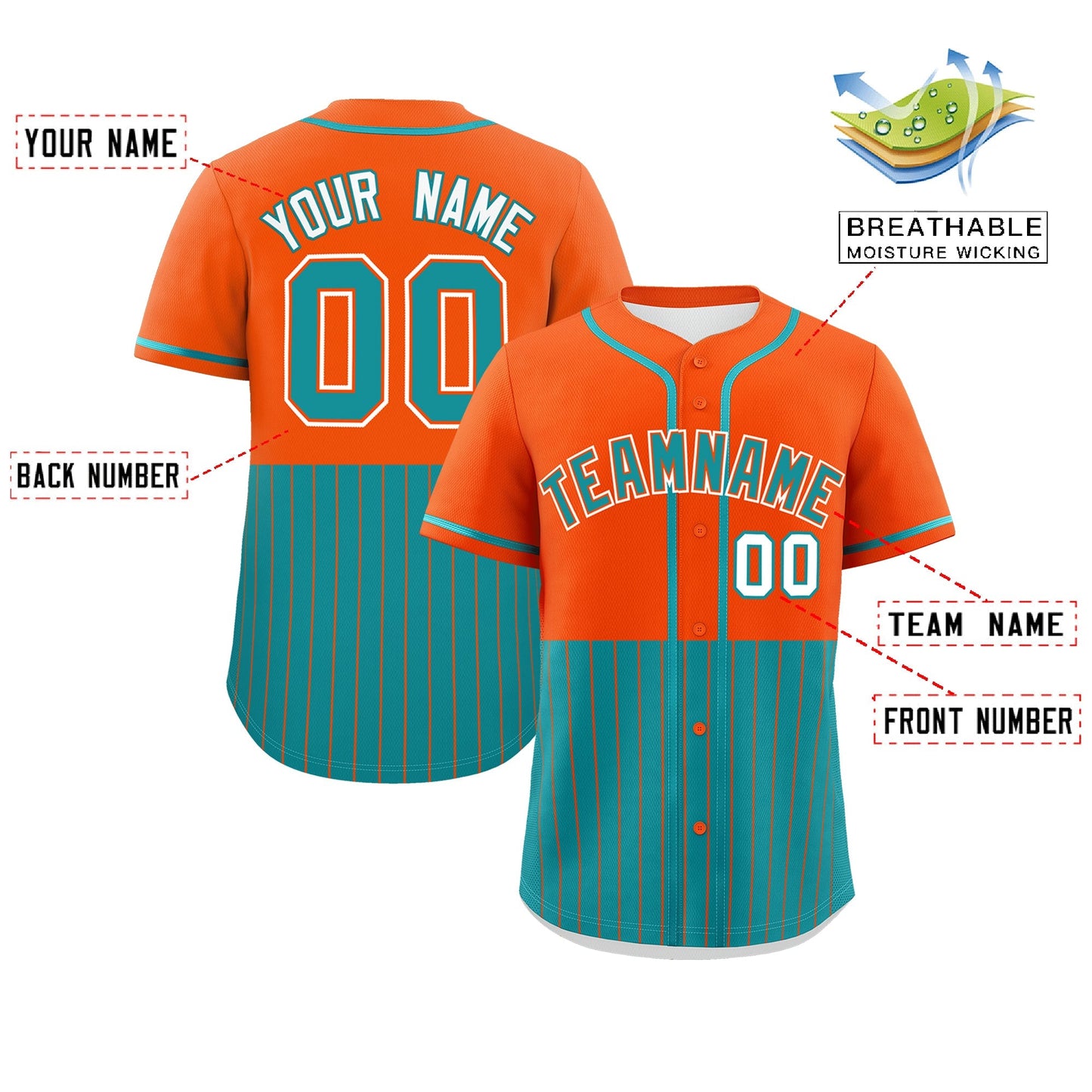 Custom Orange Aqua Personalized Half Stripe Design Authentic Baseball Jersey