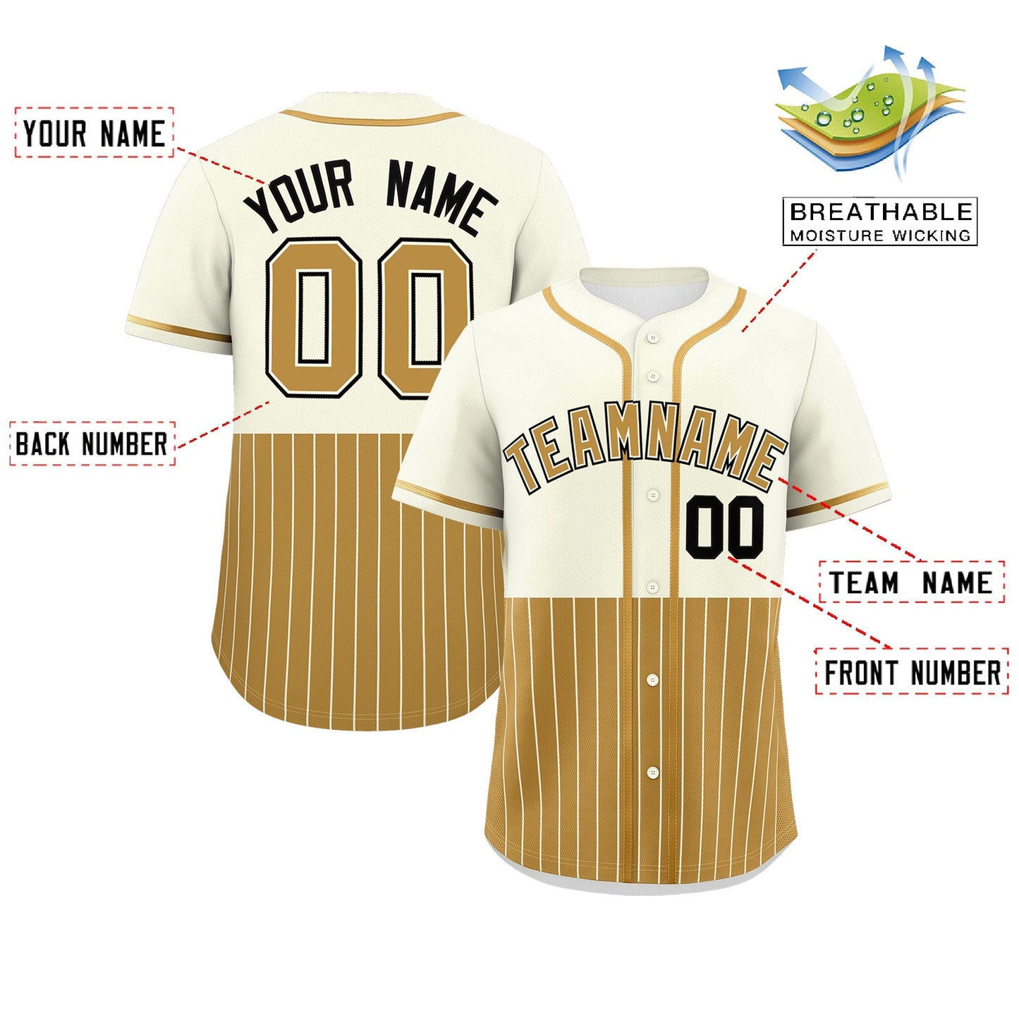 Custom Cream Old Gold Personalized Half Stripe Design Authentic Baseball Jersey