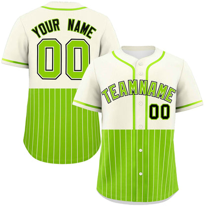 Custom Cream Neon Green Personalized Half Stripe Design Authentic Baseball Jersey