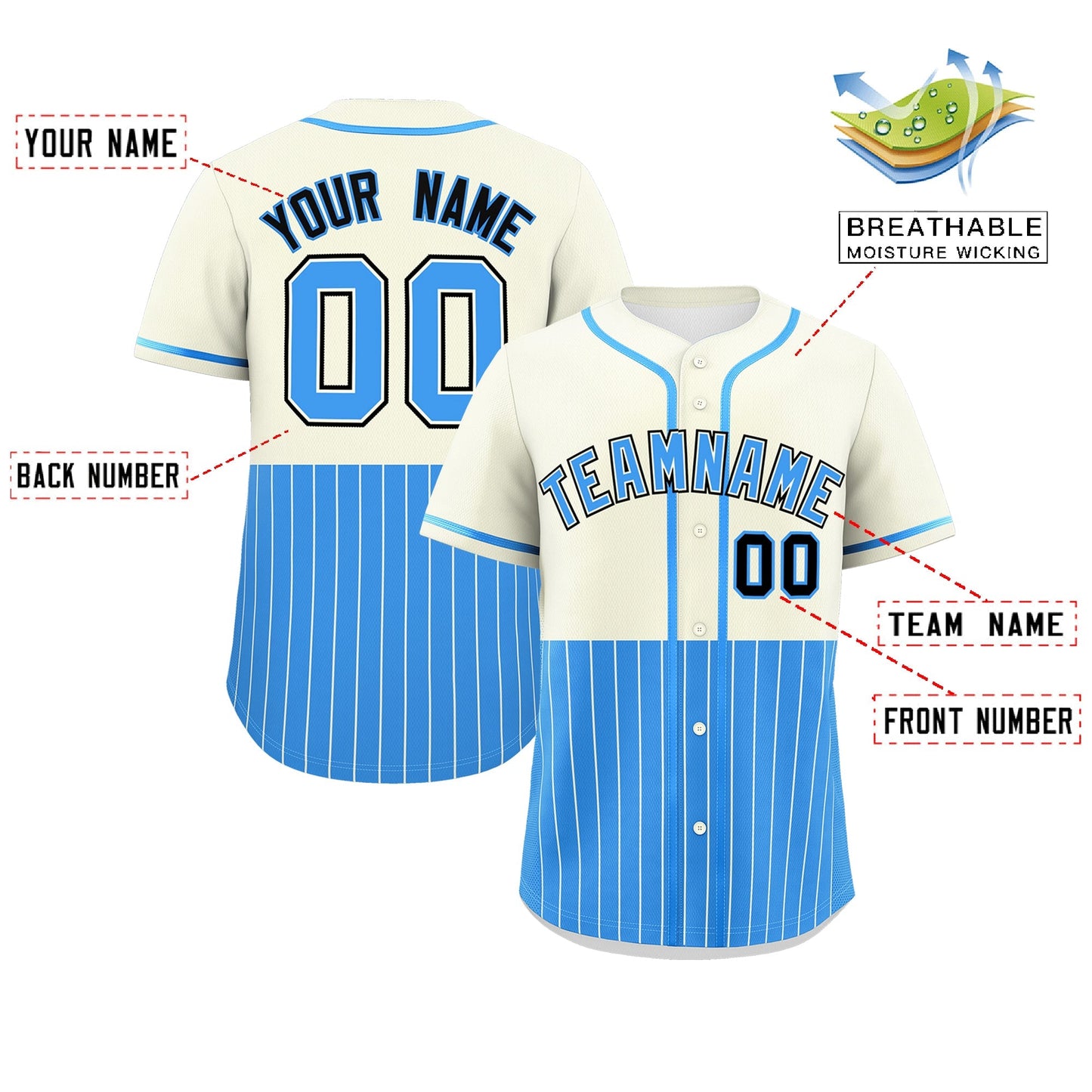 Custom Cream Powder Blue Personalized Half Stripe Design Authentic Baseball Jersey