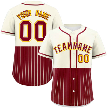 Custom Cream Crimson Personalized Half Stripe Design Authentic Baseball Jersey