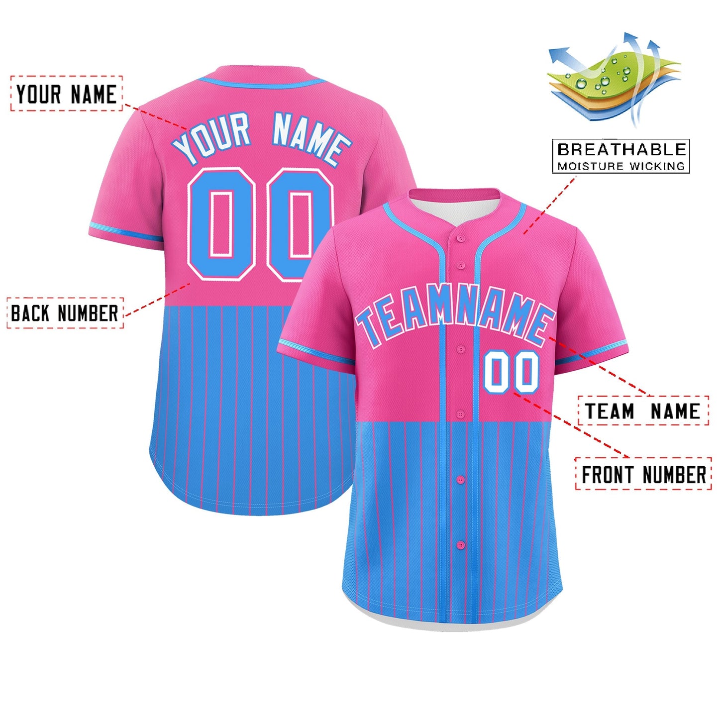 Custom Pink Powder Blue Personalized Half Stripe Design Authentic Baseball Jersey