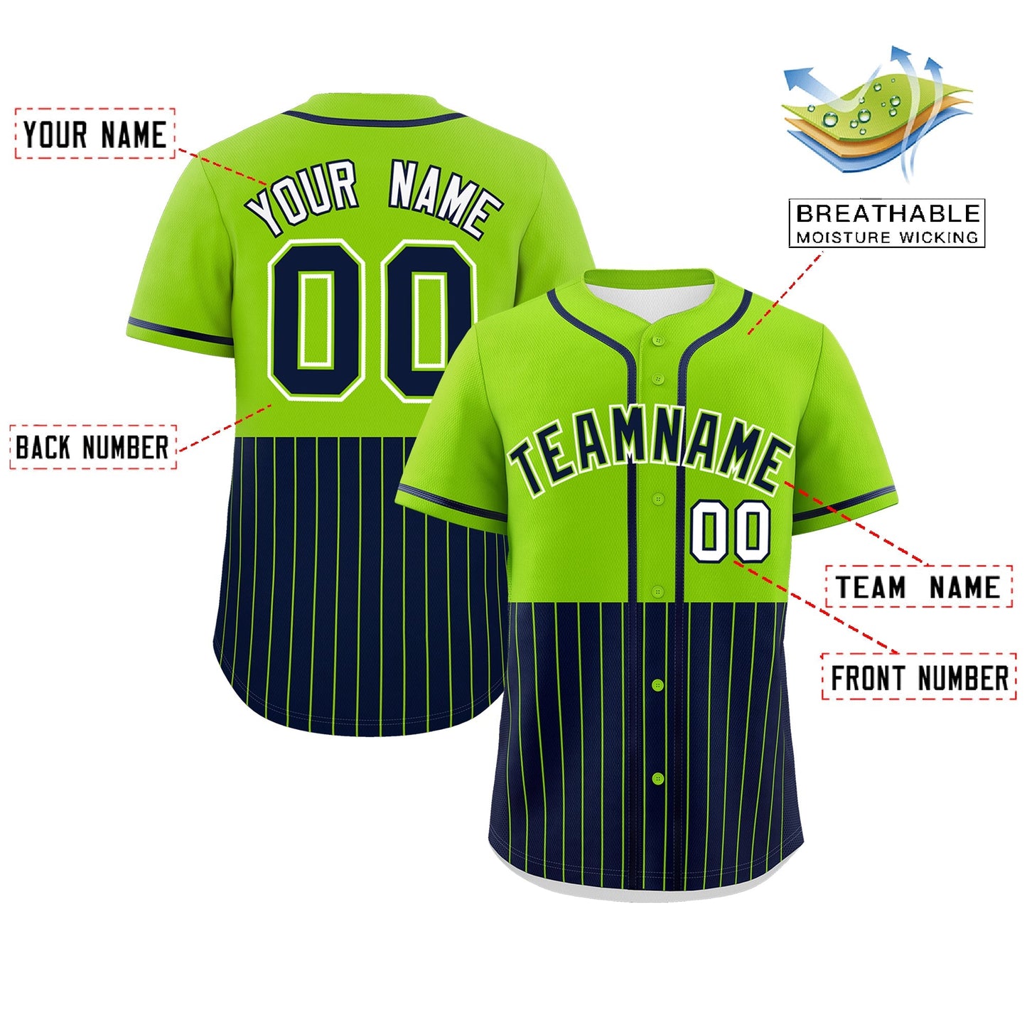 Custom Neon Green Navy Personalized Half Stripe Design Authentic Baseball Jersey